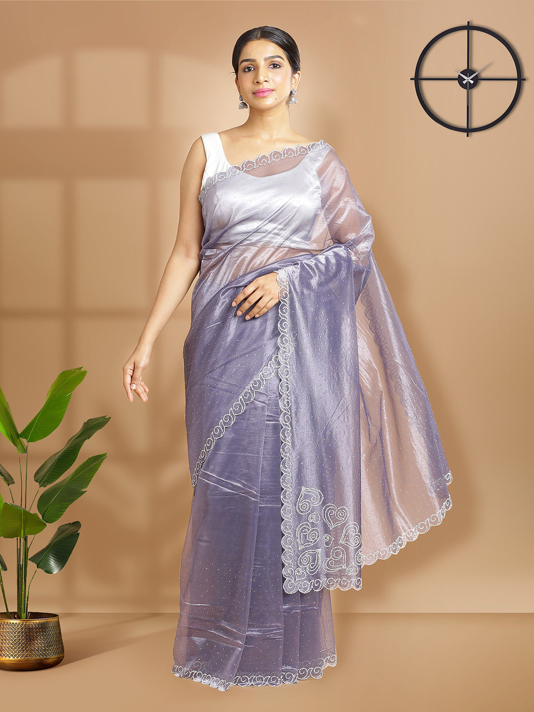 Dark Lavender Net Saree With Mini Stone Work Over Body