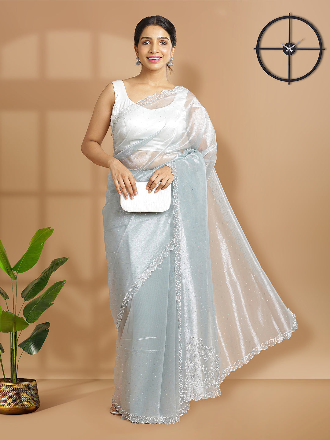 Blue Ash Color Tissue Net Saree With Mini Stones Over Body