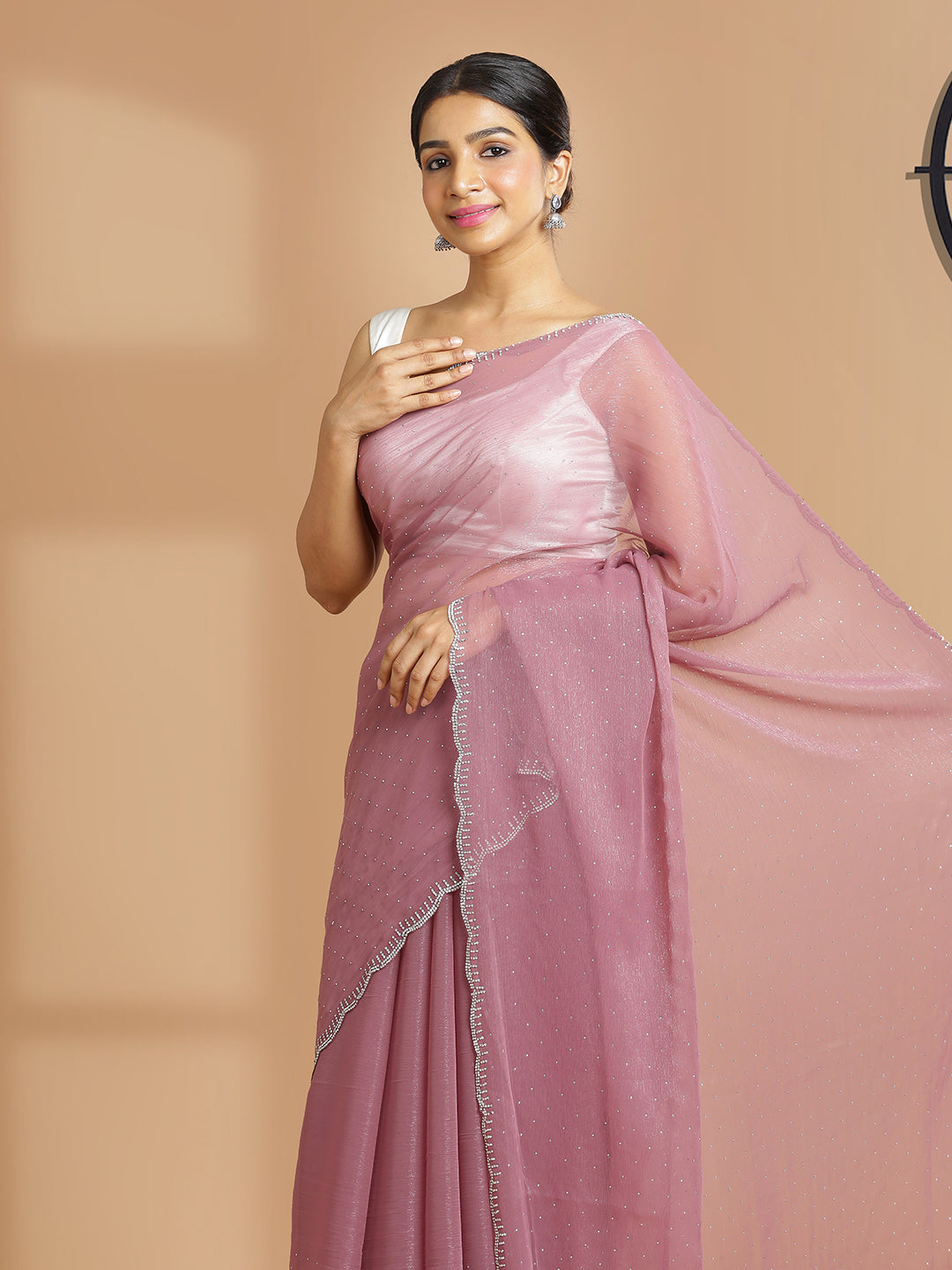Dark Onion Pink Georgette Tissue Saree With Mini Stones Over Body