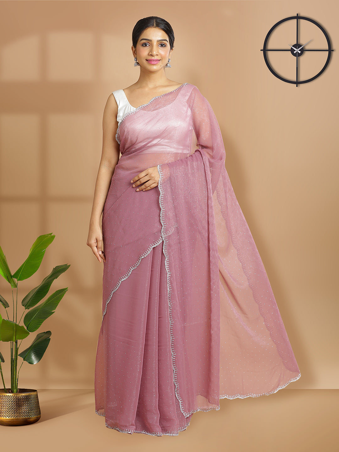 Dark Onion Pink Georgette Tissue Saree With Mini Stones Over Body