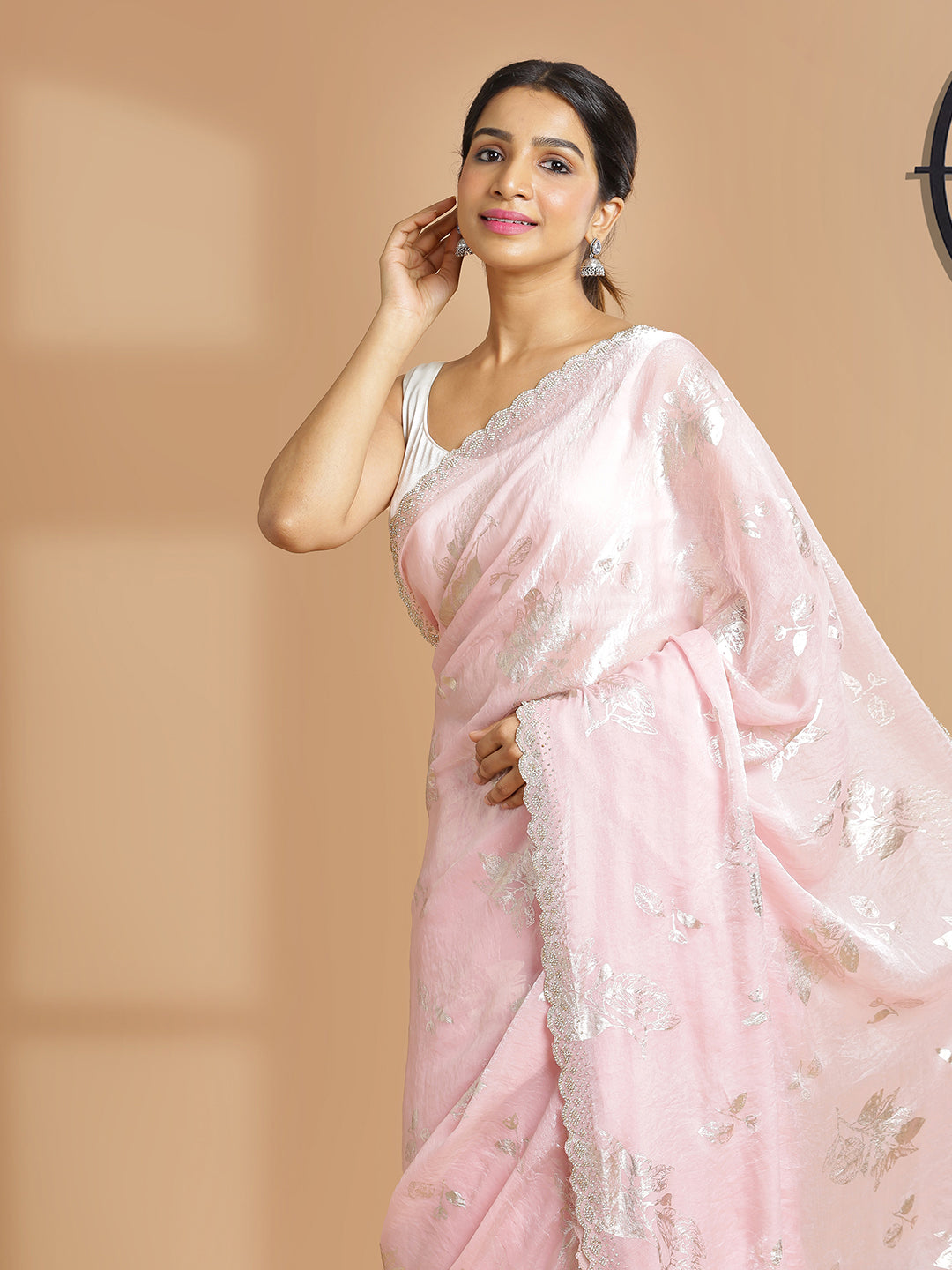 Baby Pink Soft Organza Saree With Foil Floral Print Over Body