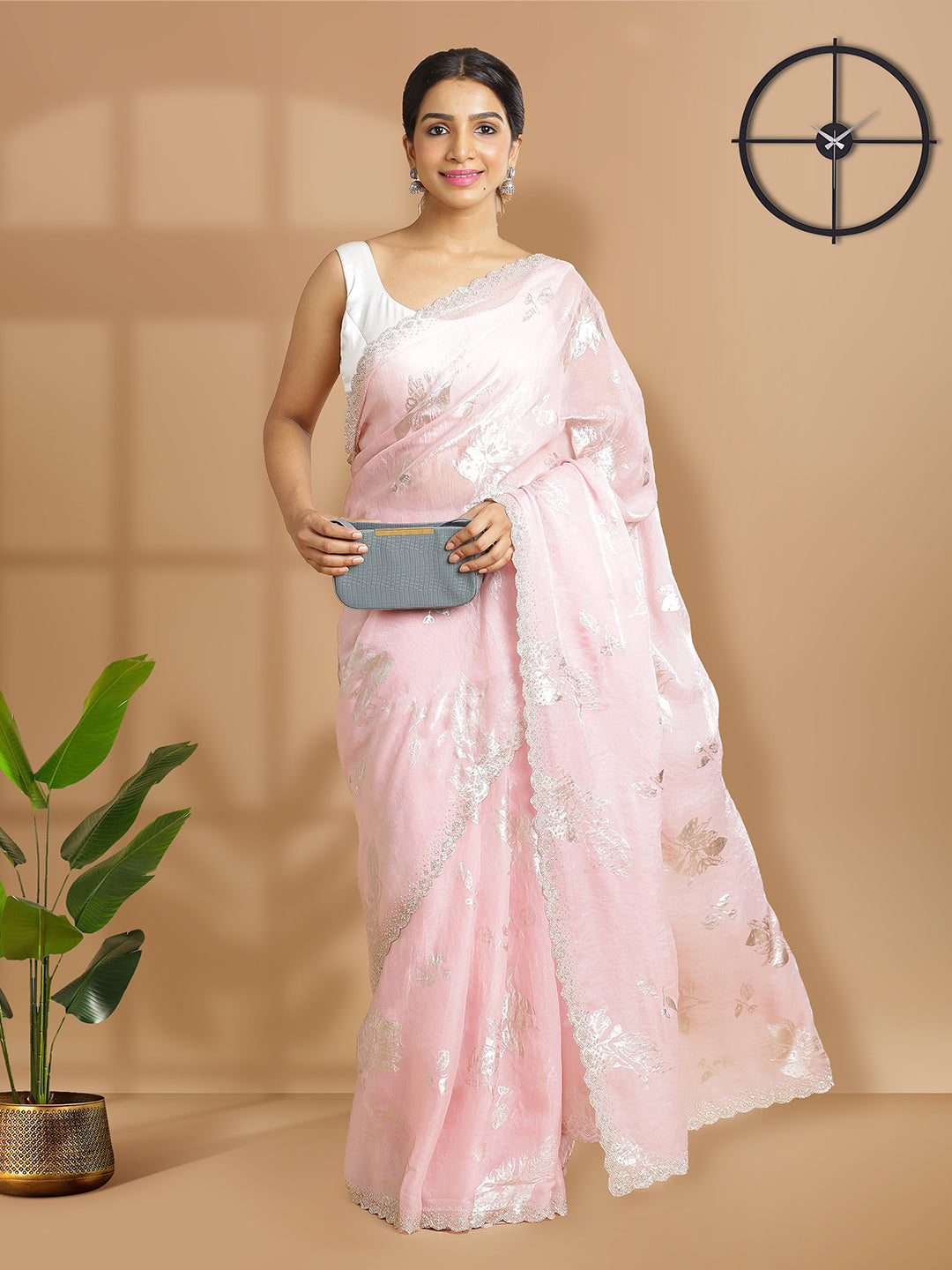 Baby Pink Soft Organza Saree With Foil Floral Print Over Body