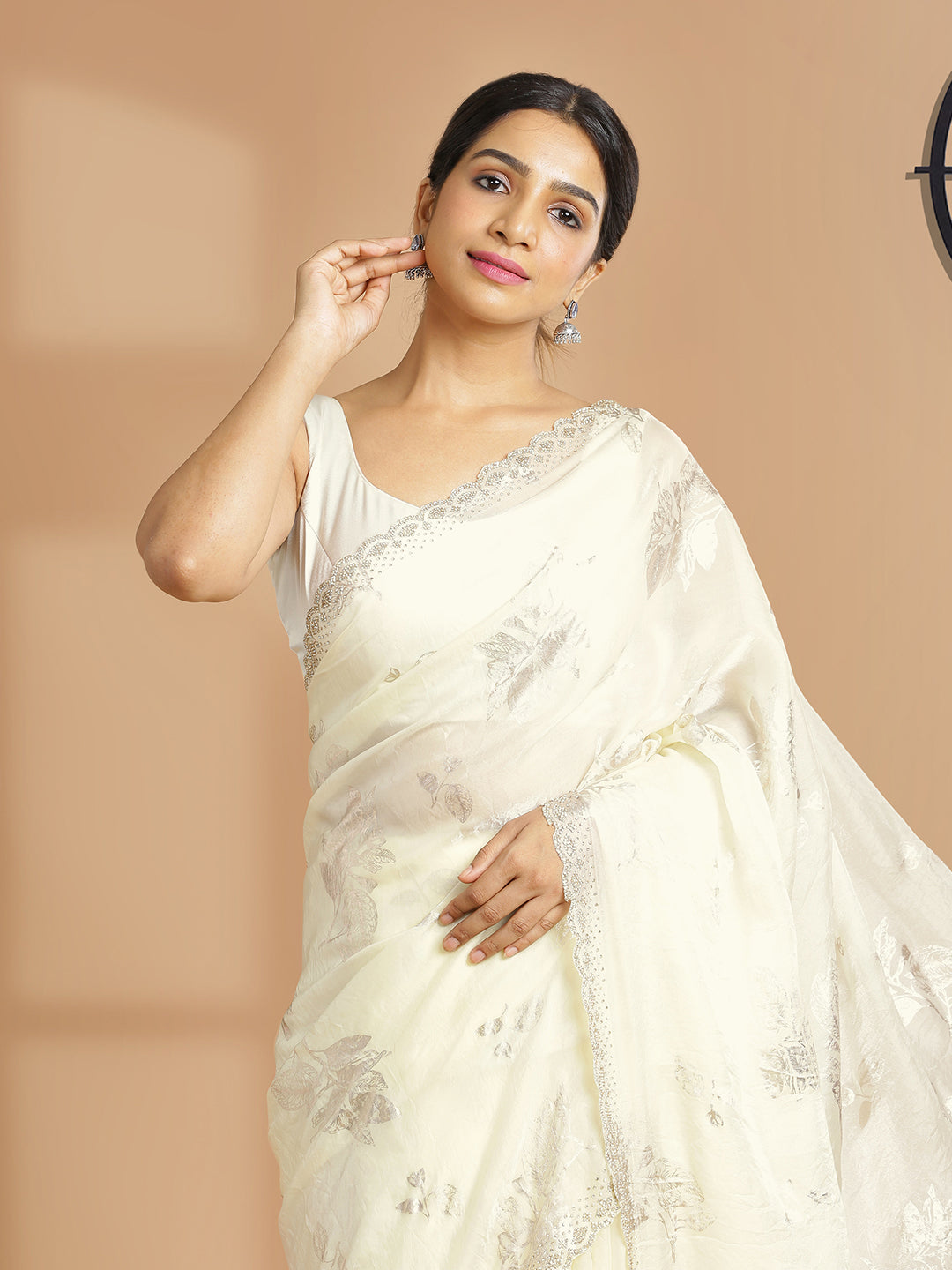 Cream Color Soft Organza Saree With Foil Floral Print Over Body