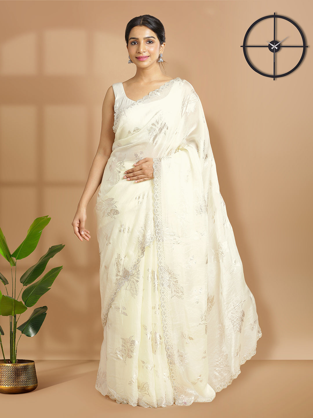Cream Color Soft Organza Saree With Foil Floral Print Over Body