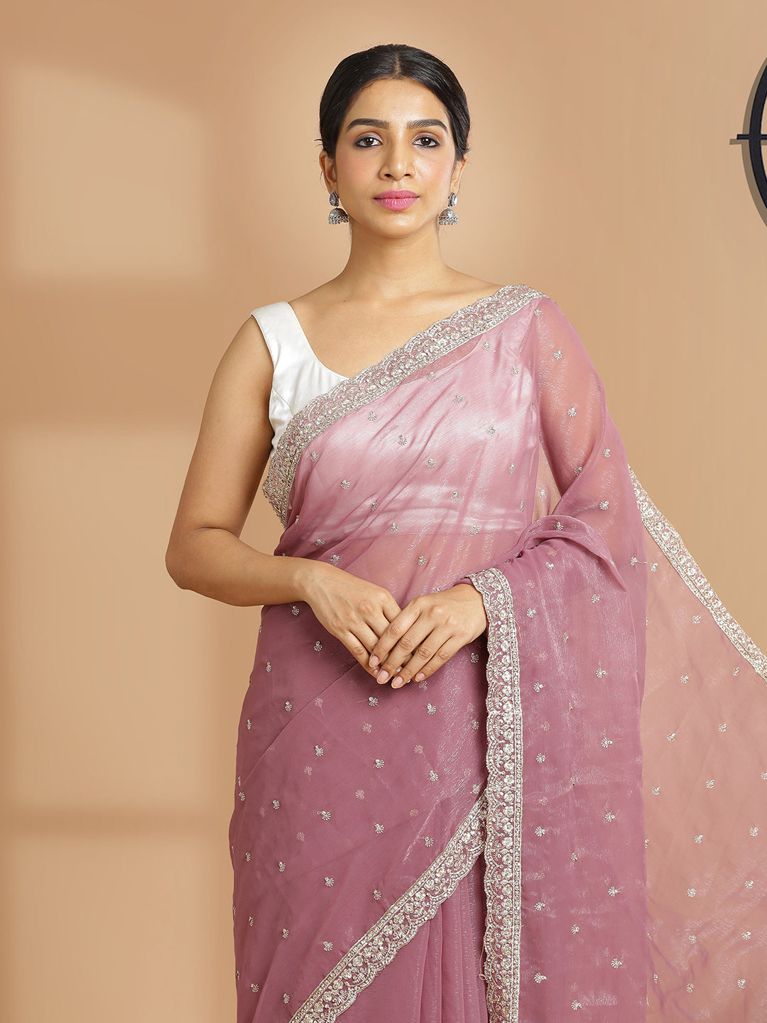 Onion Pink Georgette Tissue Saree With Golden Thread And Stones Over Body
