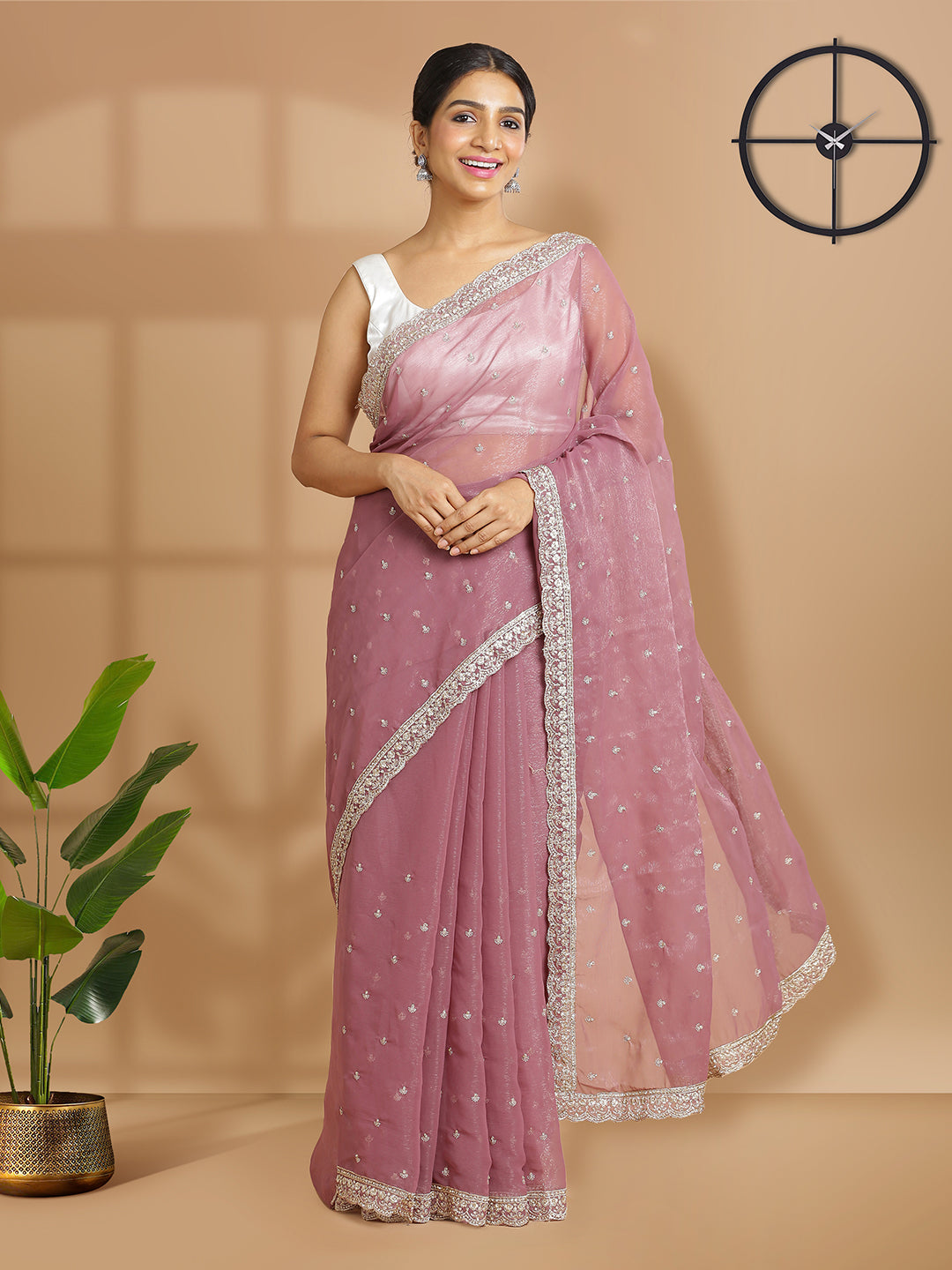 Onion Pink Georgette Tissue Saree With Golden Thread And Stones Over Body