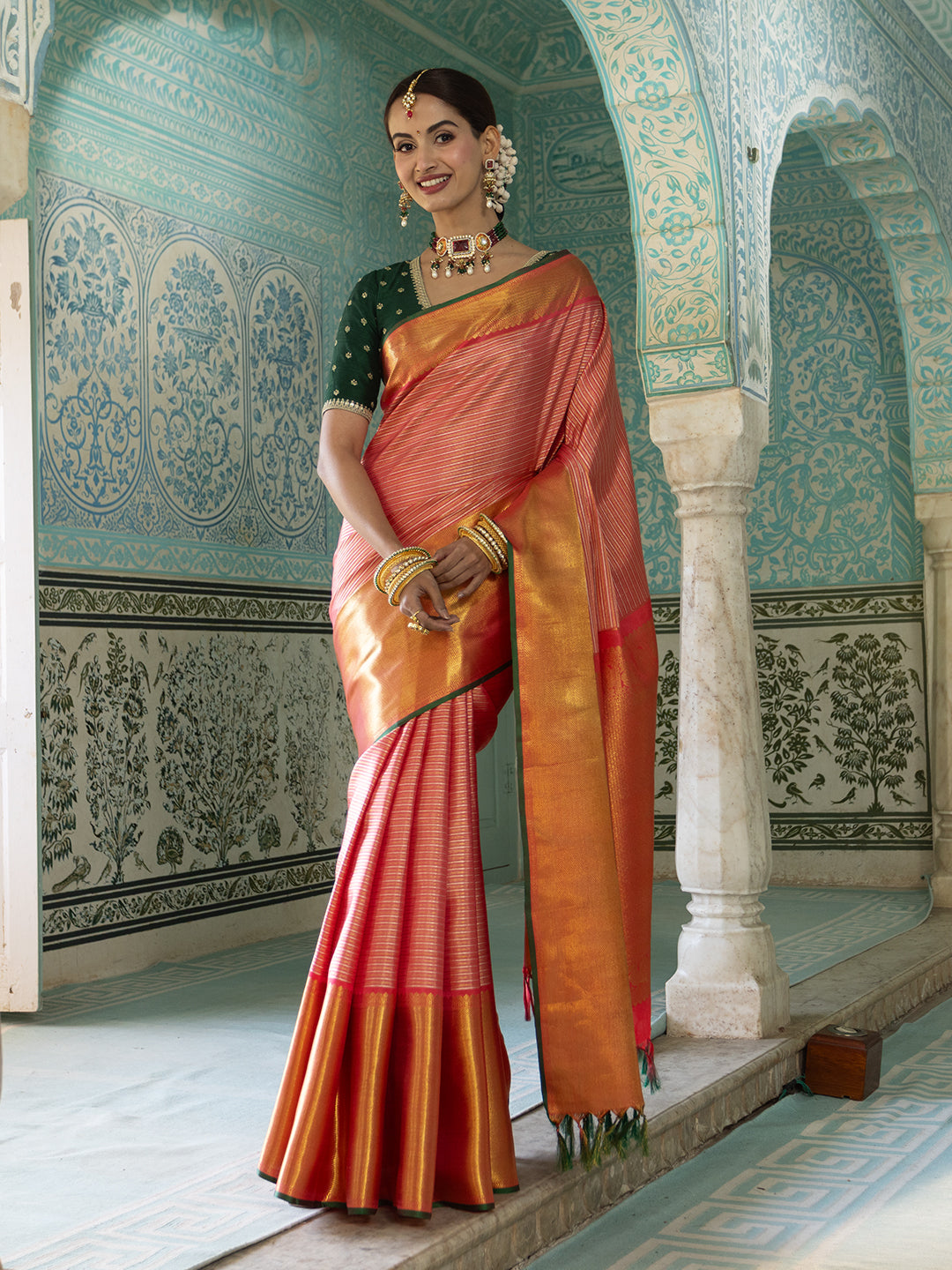 Ruby Pink Color with A Golden Kanchipuram Saree