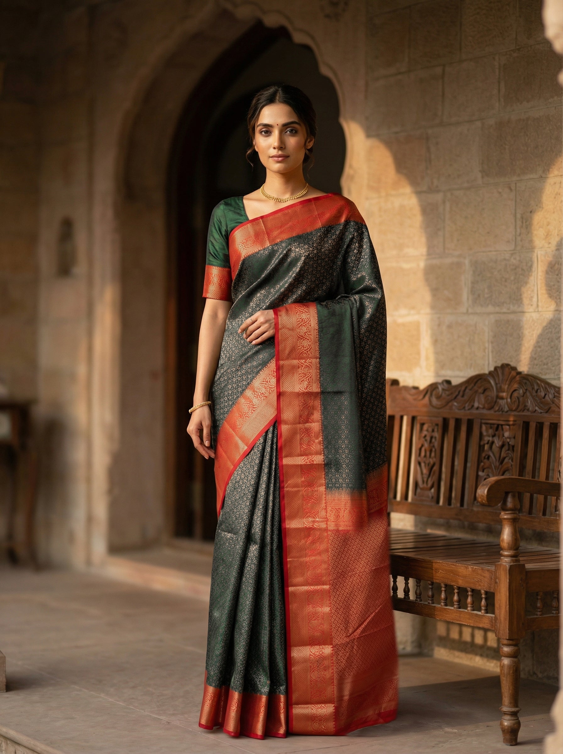 Semi Silk Saree in Deep Bottle Green with Maroon Zari Border & Rich Woven Pallu