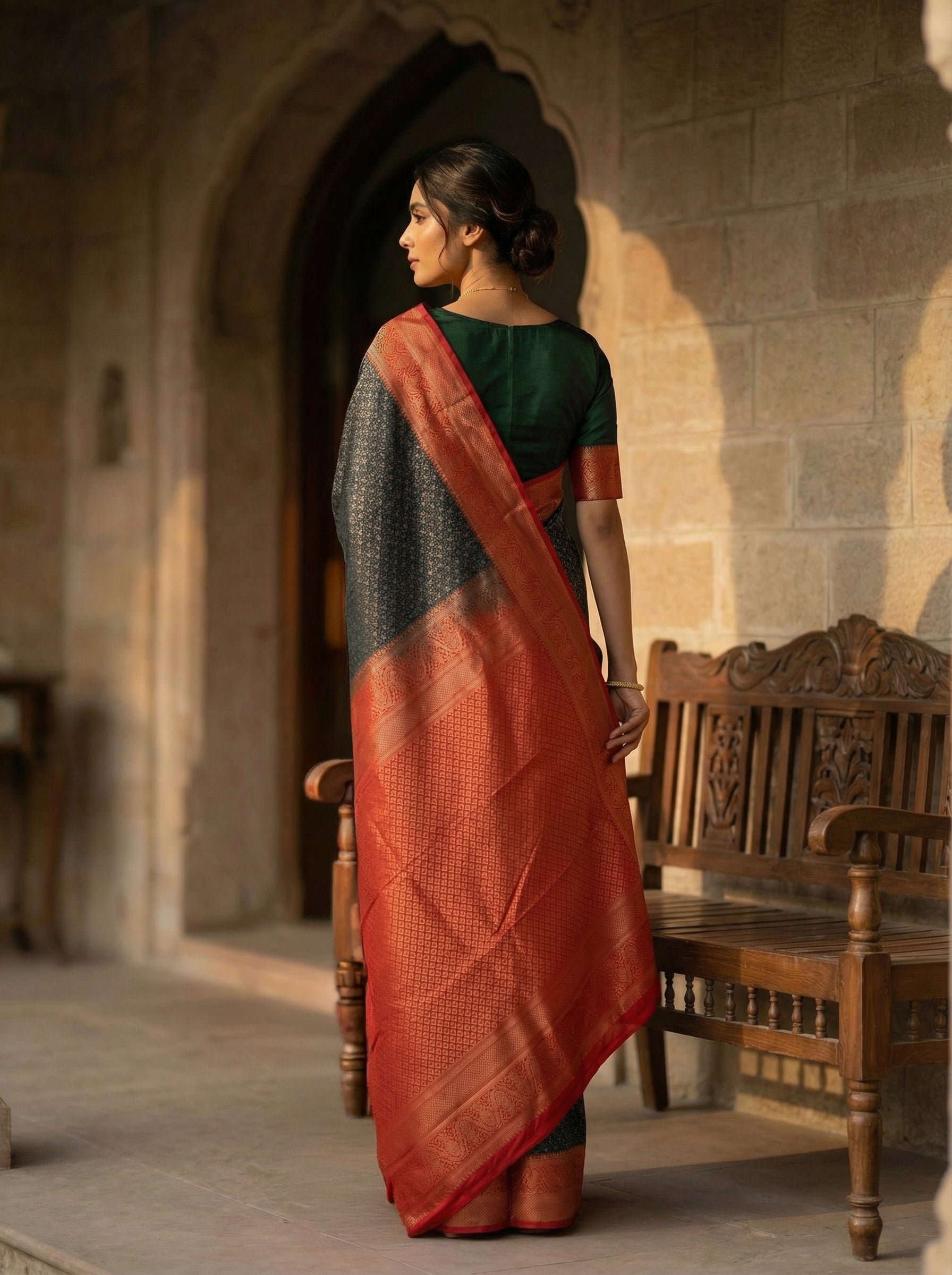 Semi Silk Saree in Deep Bottle Green with Maroon Zari Border & Rich Woven Pallu