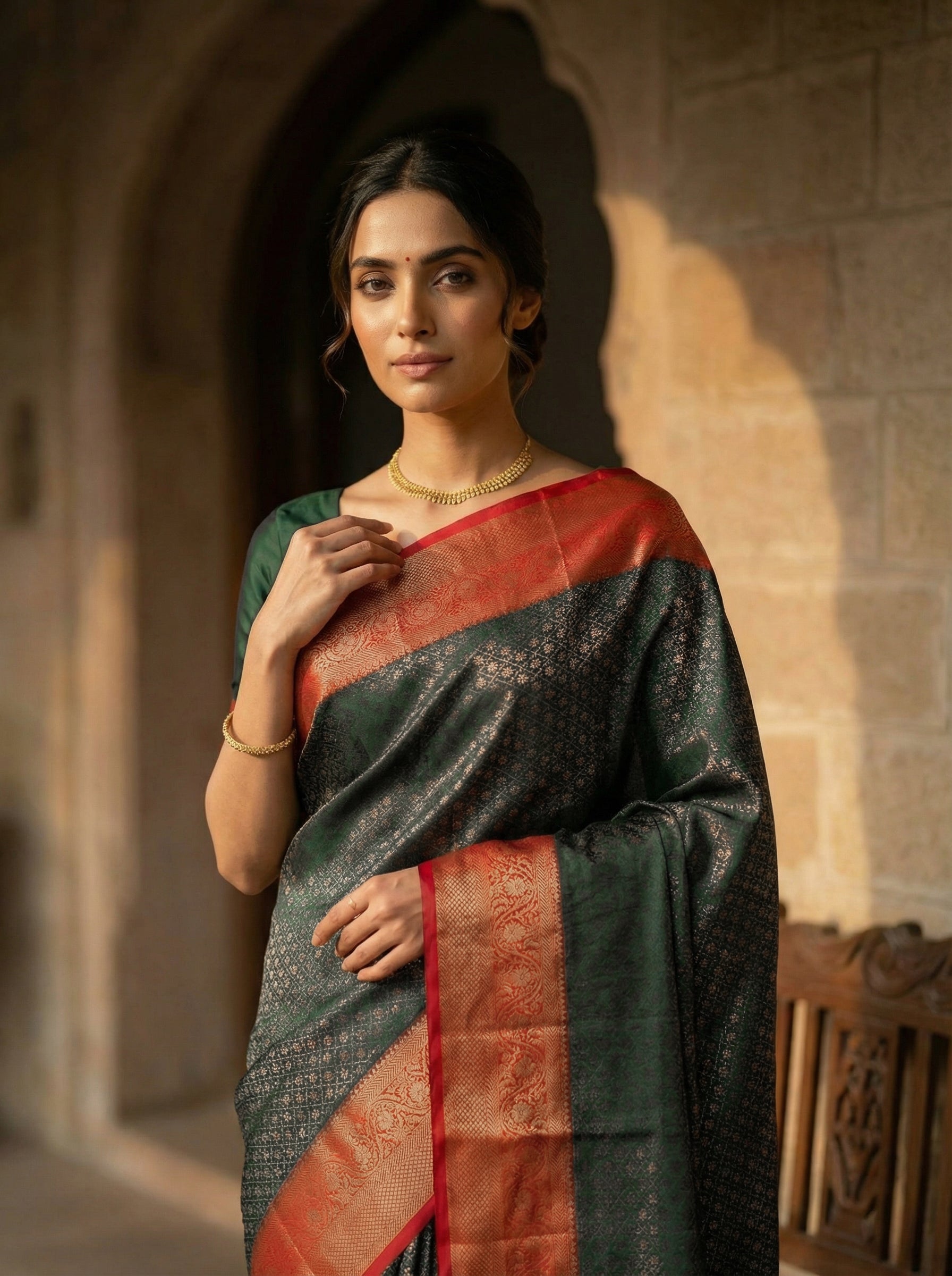 Semi-Silk Zari Woven Bottle-Green Floral Saree
