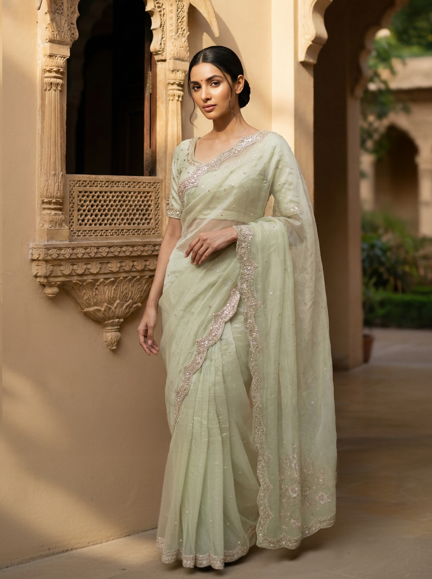 Pale Green Designer Organza Saree with Bead Work & Scalloped Embellished Border