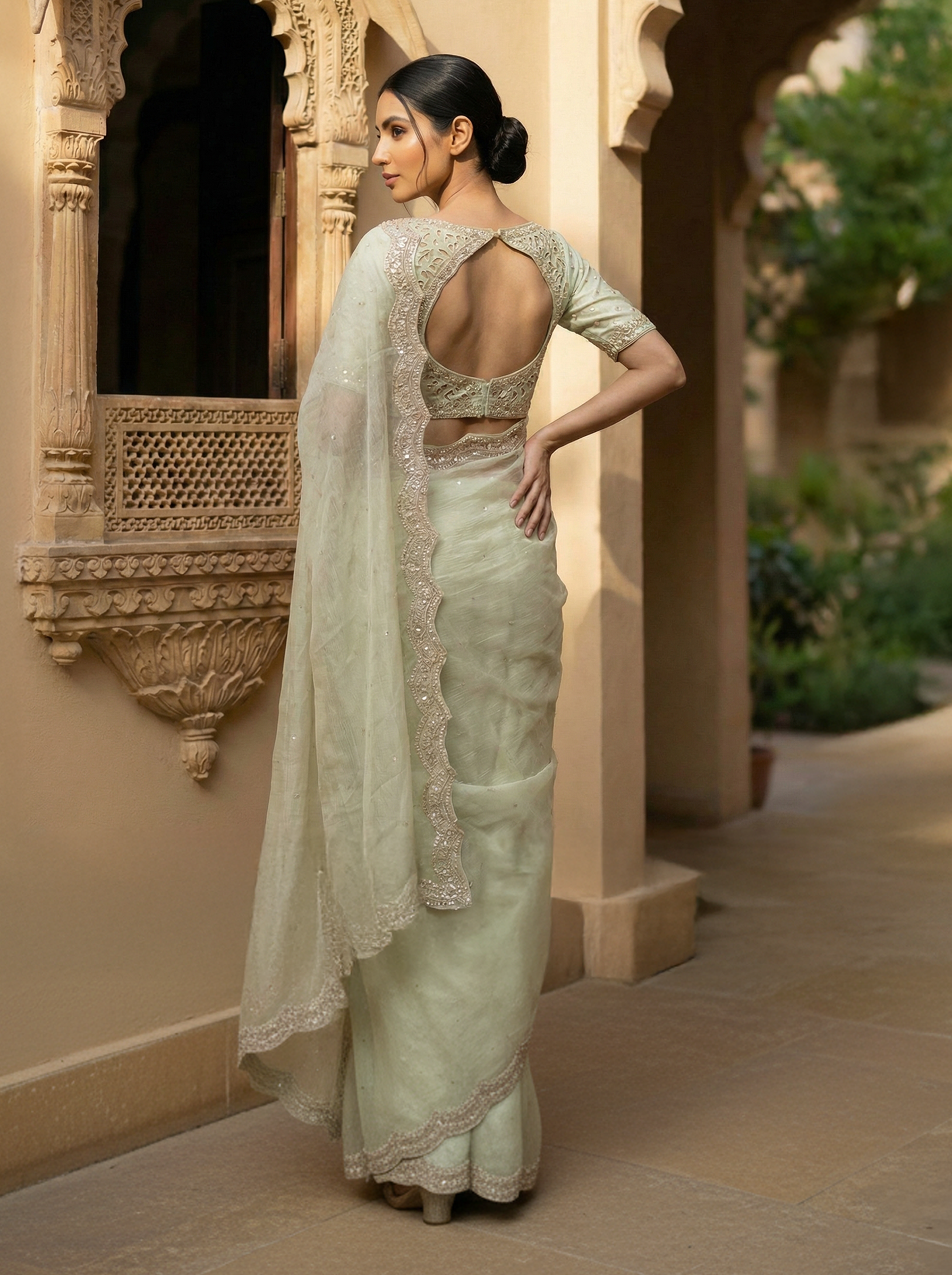 Pale Green Designer Organza Saree with Bead Work & Scalloped Embellished Border