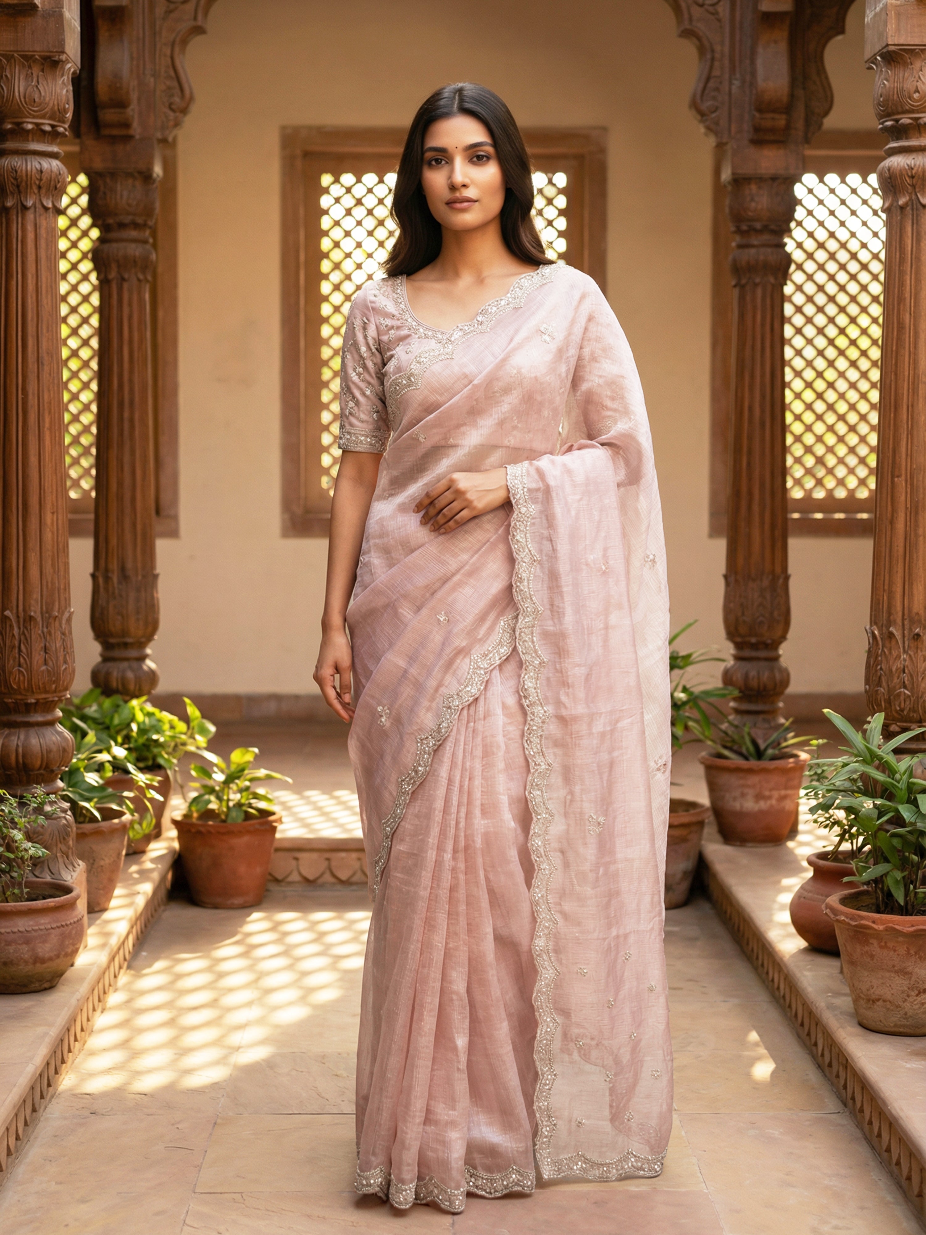 Dusty Rose Pink Designer Organza Saree with Thread-Worked Buttas & Scalloped Embellished Border