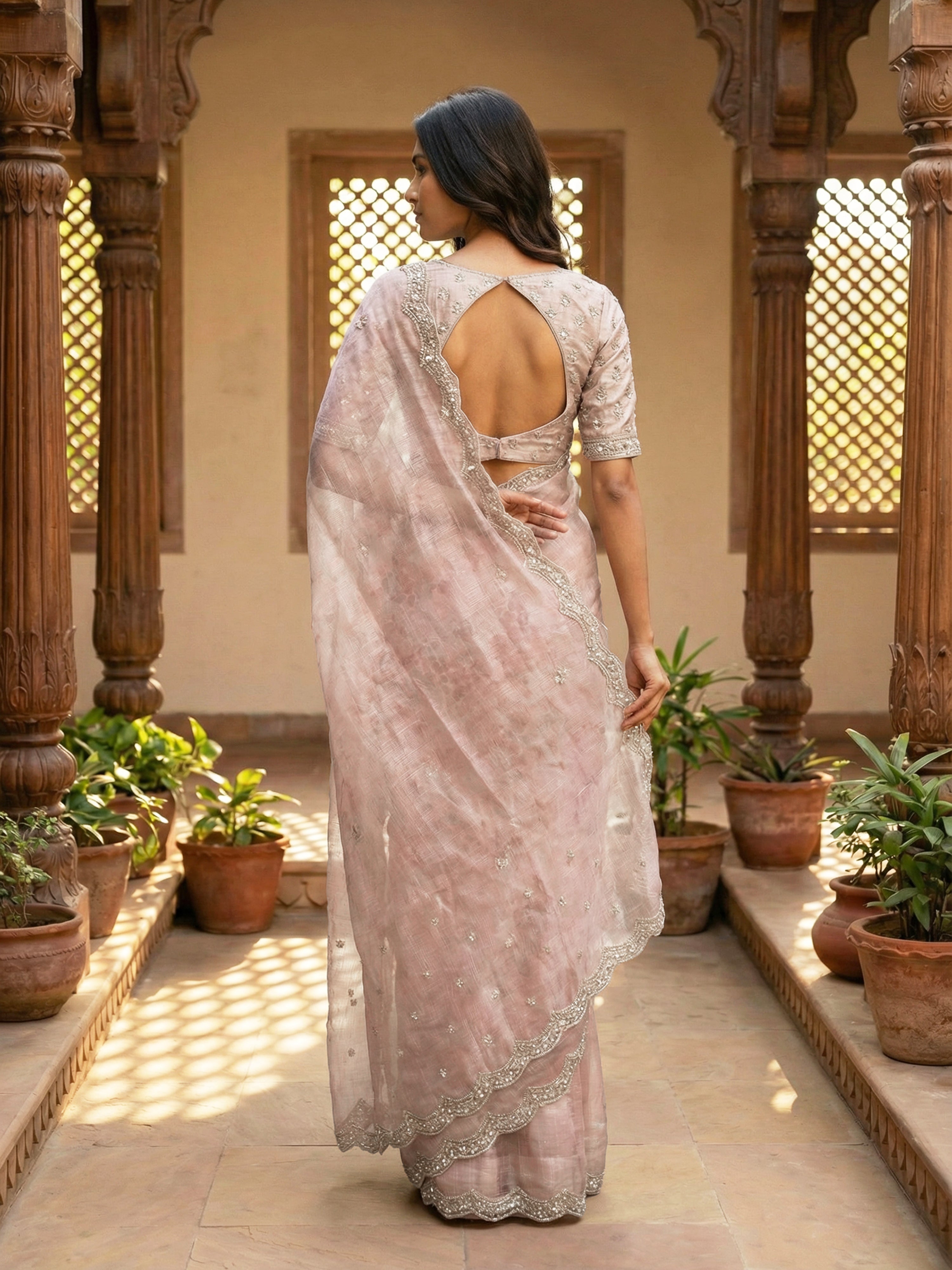 Dusty Rose Pink Designer Organza Saree with Thread-Worked Buttas & Scalloped Embellished Border