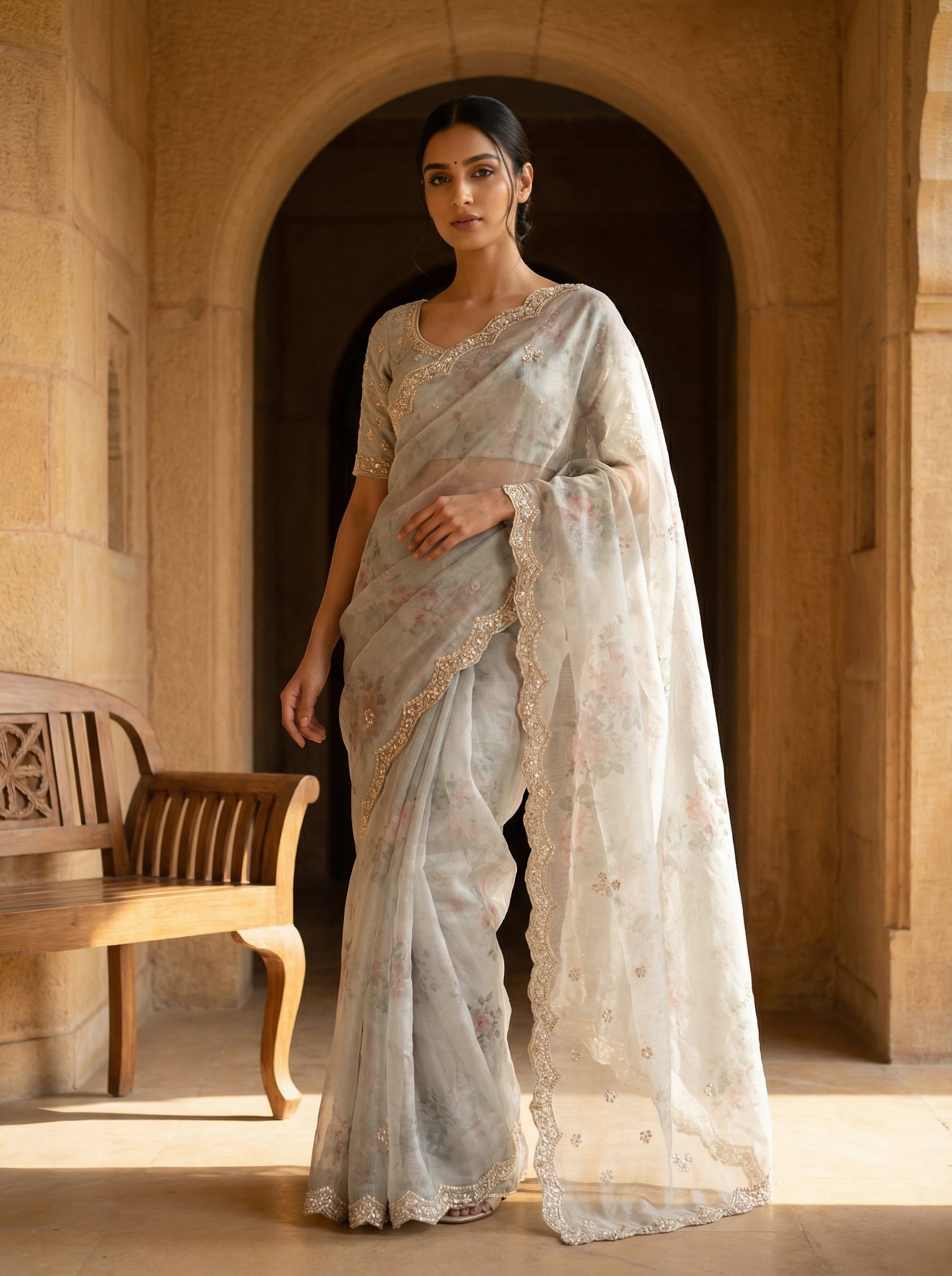 Soft Grey Designer Organza Saree with Floral Print & Golden Thread Worked Buttas