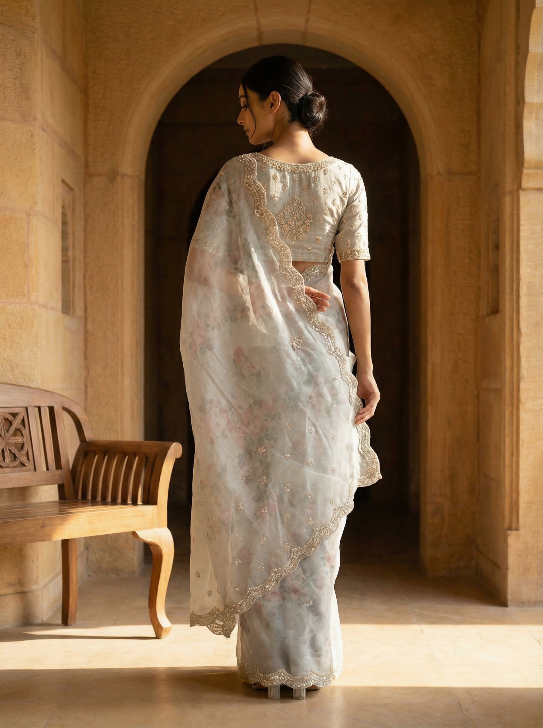 Soft Grey Designer Organza Saree with Floral Print & Golden Thread Worked Buttas