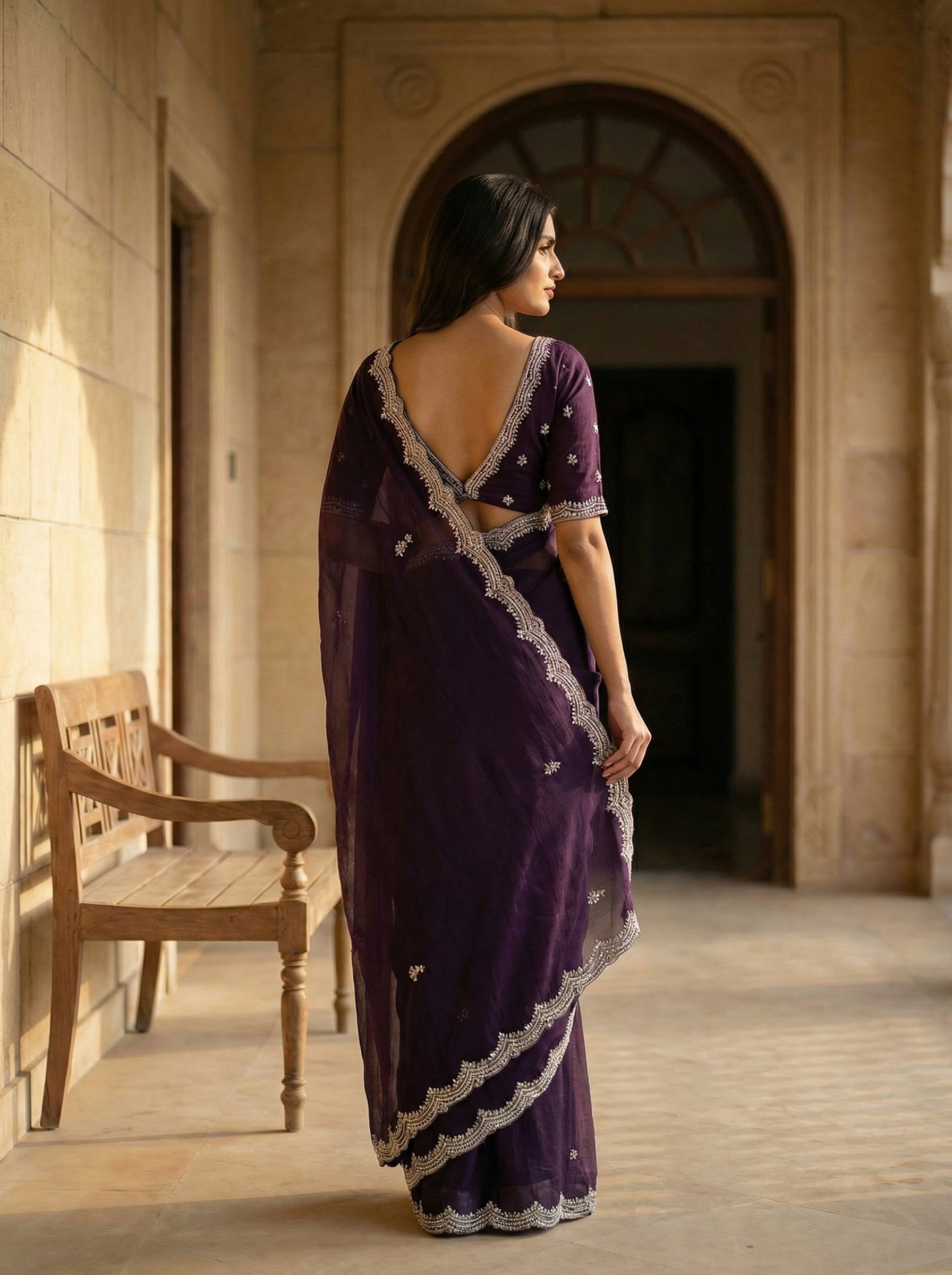 Deep Plum Purple Designer Saree with Thread Worked Buttas & Golden Scalloped Border