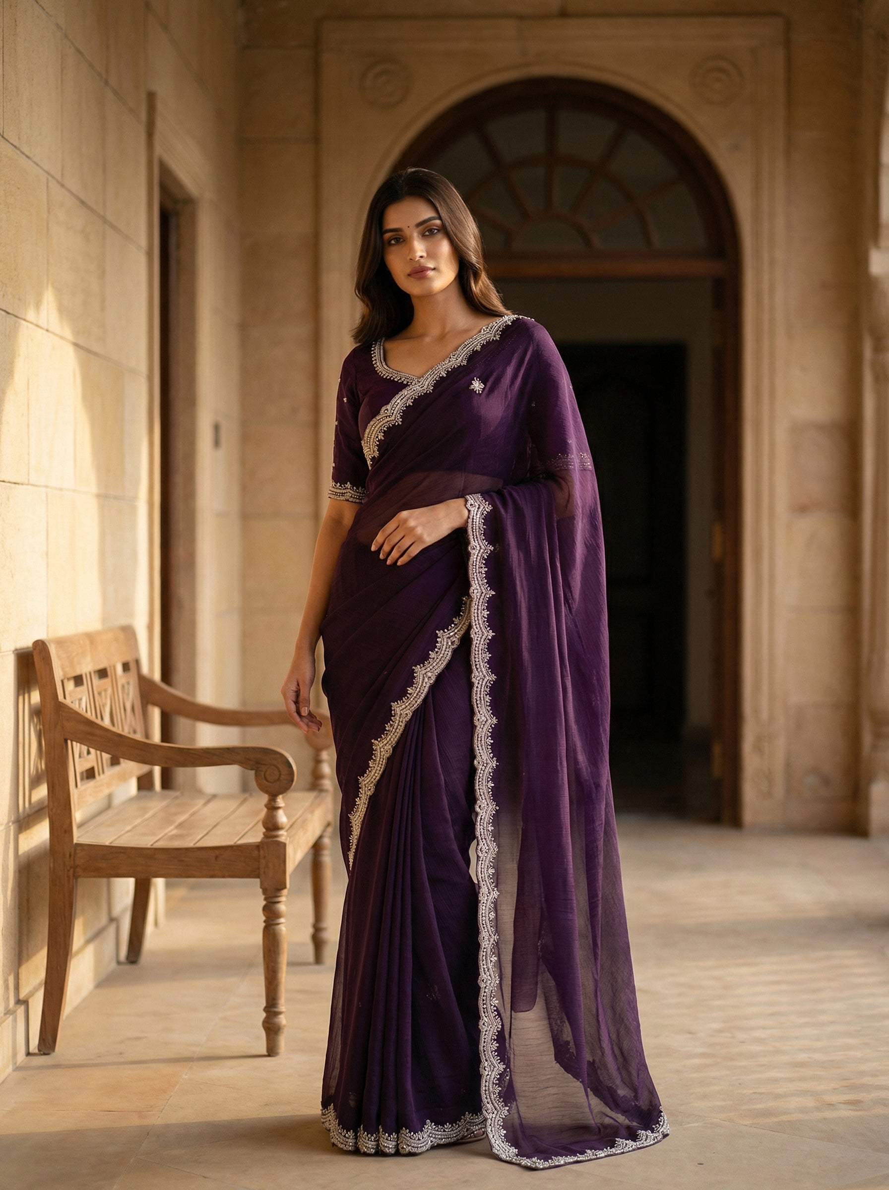 Deep Plum Purple Designer Saree with Thread Worked Buttas & Golden Scalloped Border