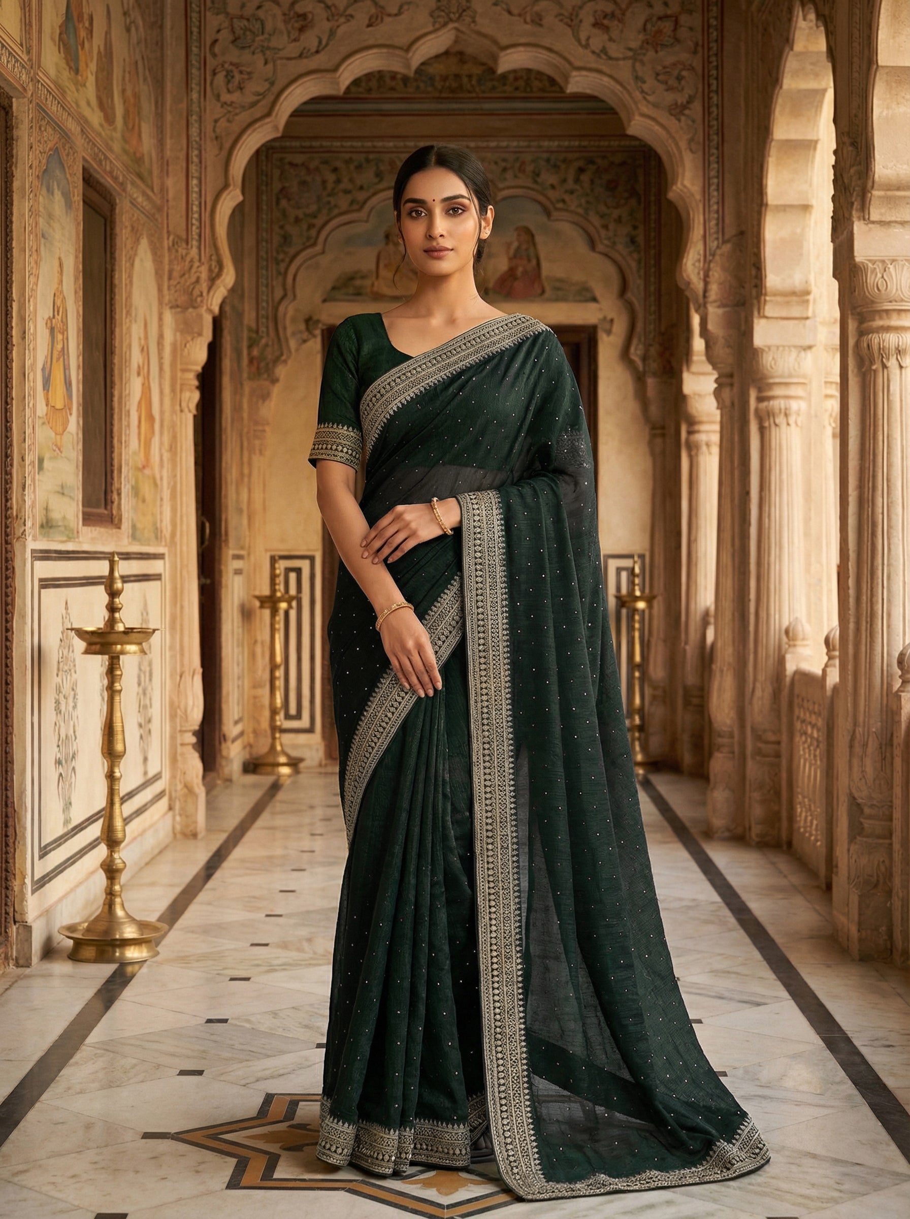 Bottle Green Designer Organza Saree with Spreaded Stone Work & Antique Zari Border