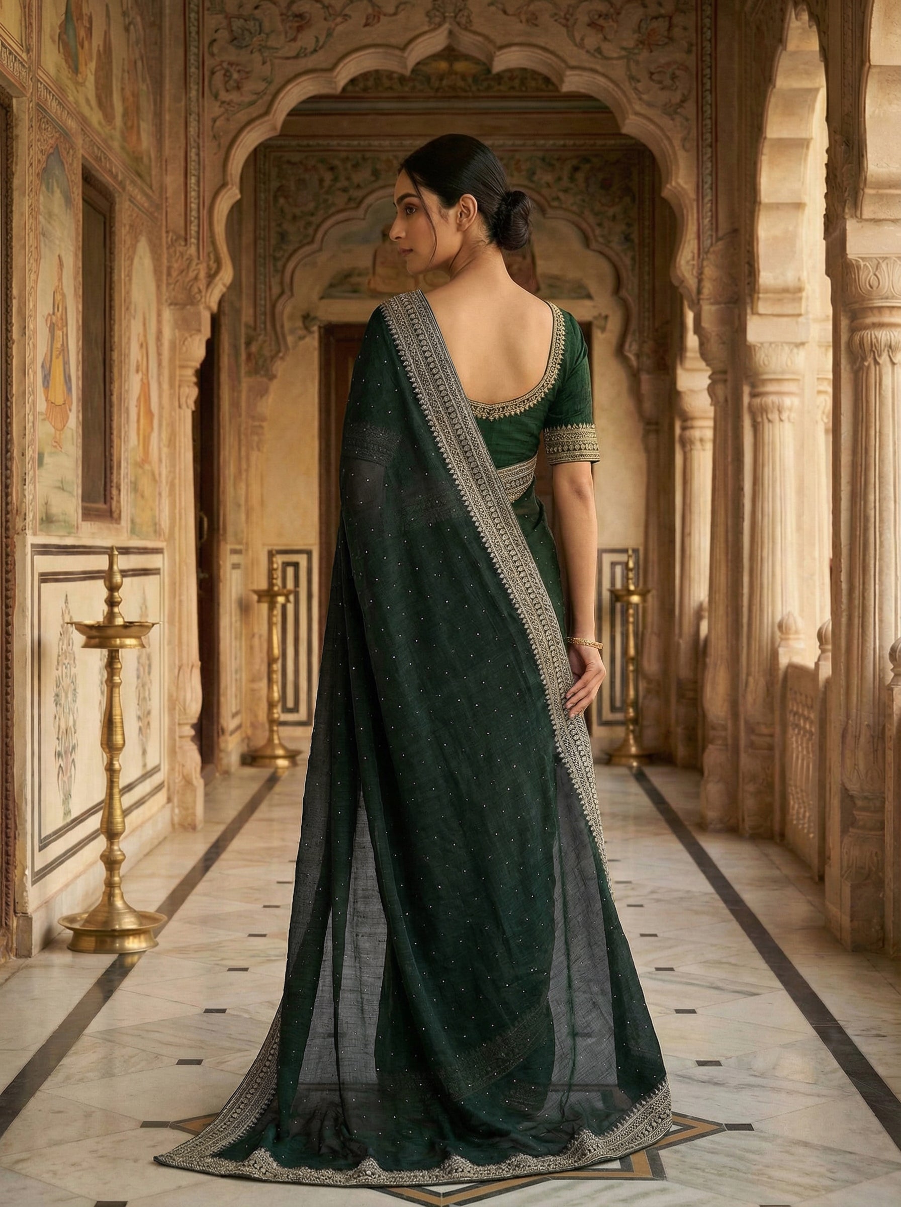 Bottle Green Designer Organza Saree with Spreaded Stone Work & Antique Zari Border