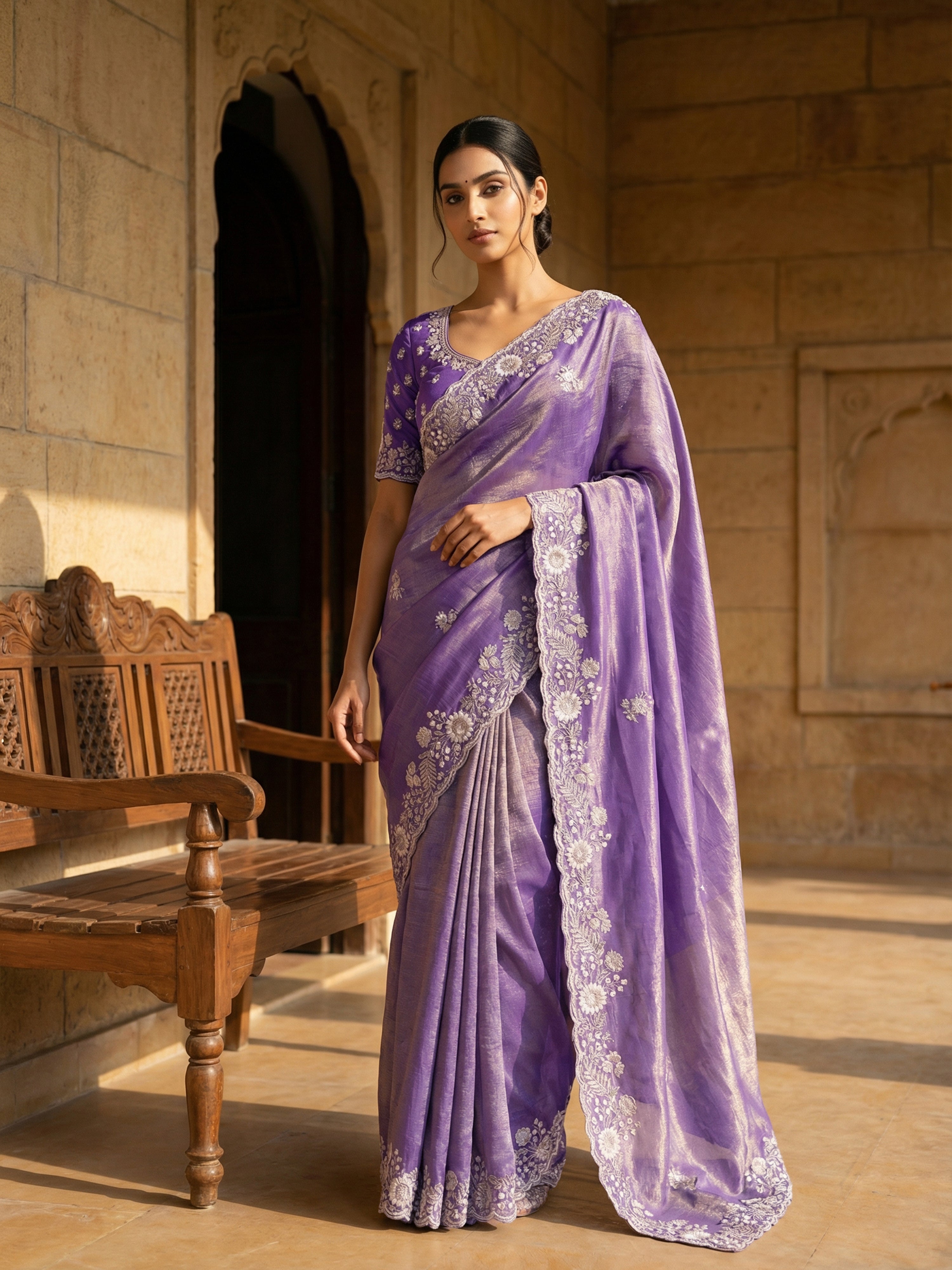 Lavender Purple Designer Saree with White Embroidered Buttas & Floral Scalloped Border
