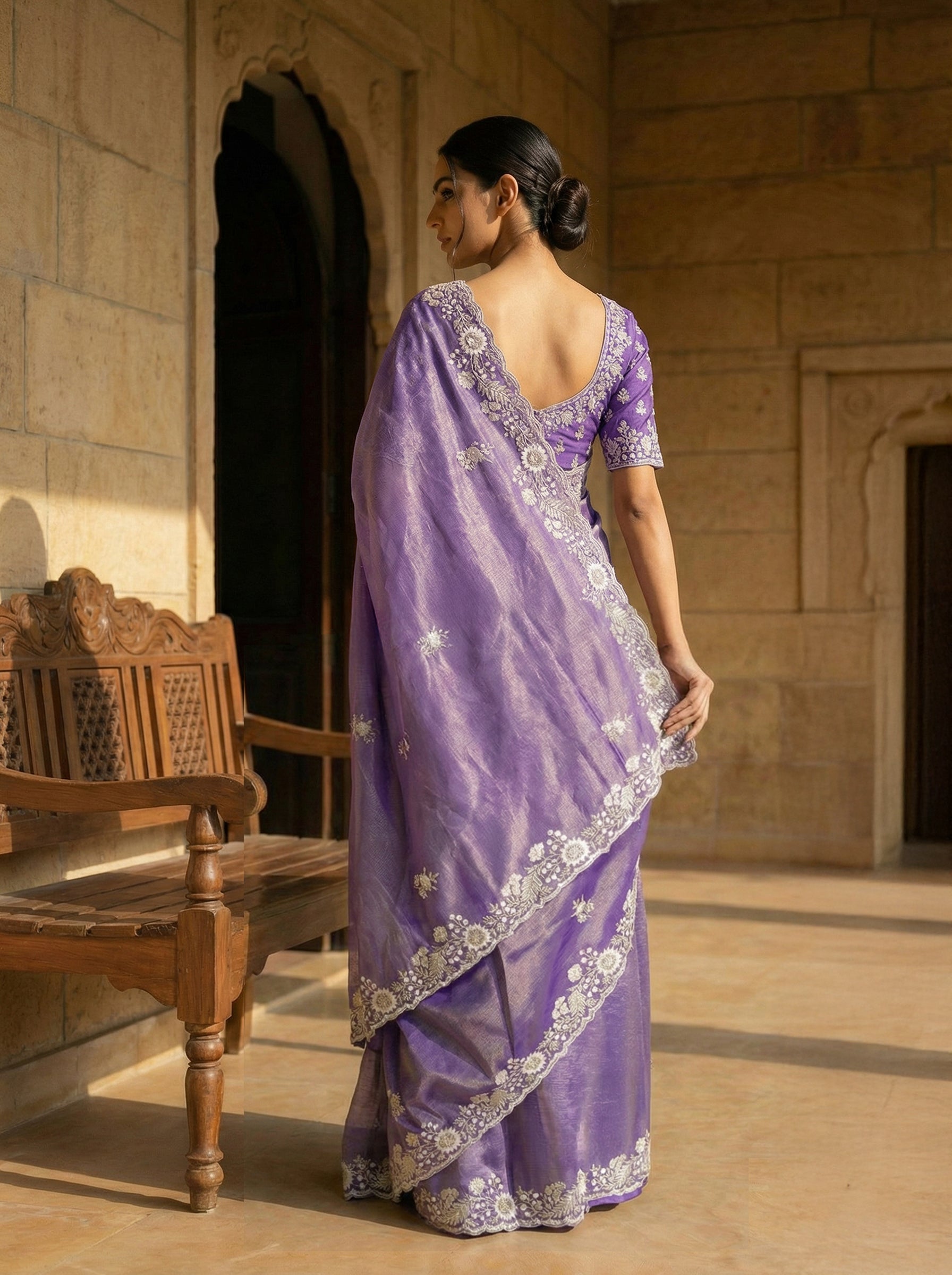 Lavender Purple Designer Saree with White Embroidered Buttas & Floral Scalloped Border