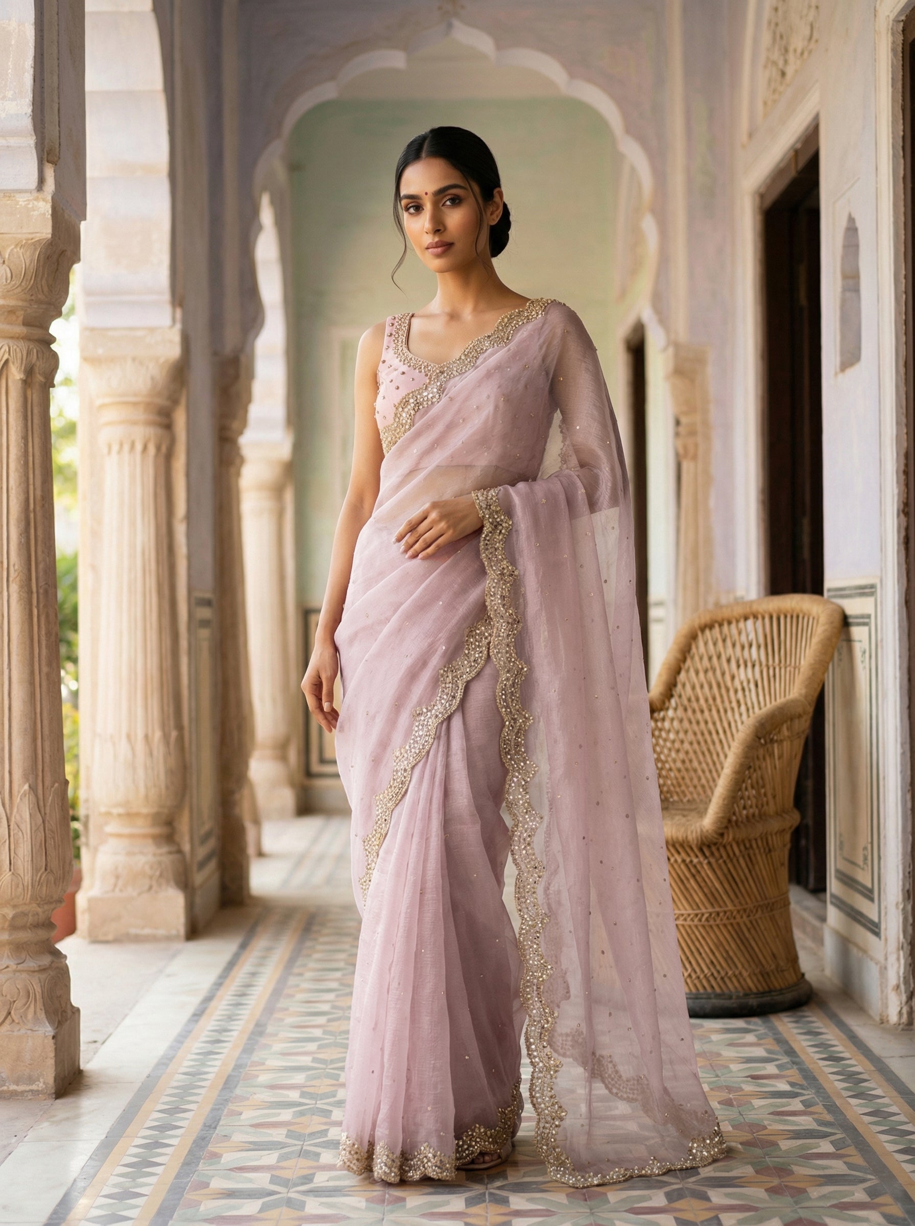 Blush Pink Organza Designer Saree with Mirror-Worked Buttas & Heavy Scalloped Embroidered Border