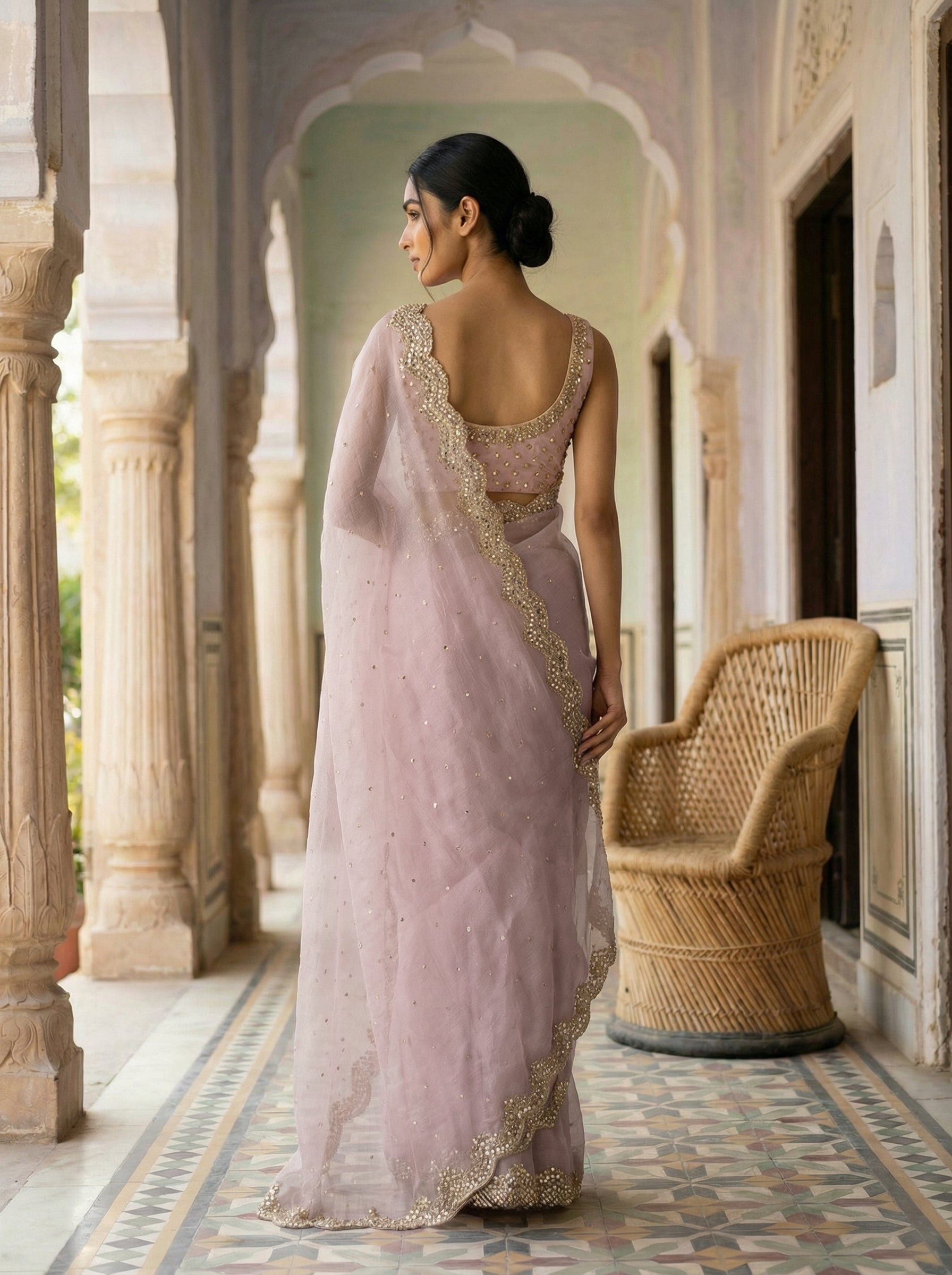 Blush Pink Organza Designer Saree with Mirror-Worked Buttas & Heavy Scalloped Embroidered Border