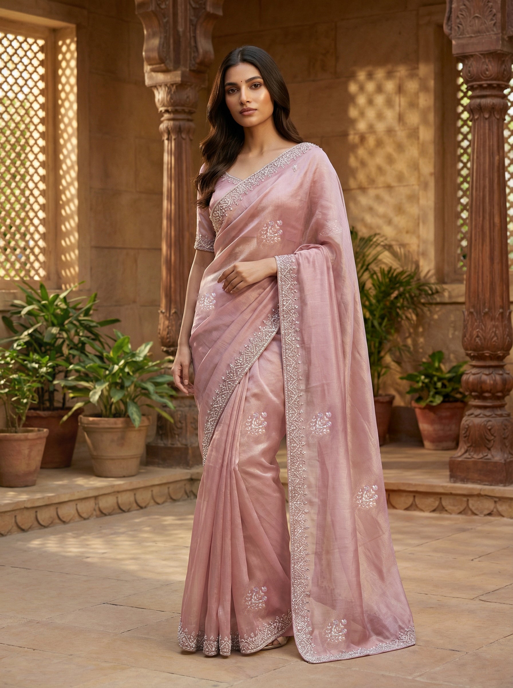 Mauve Pink Organza Designer Saree with Sequin-Pearl Embroidered Floral Buttas & Scalloped Border