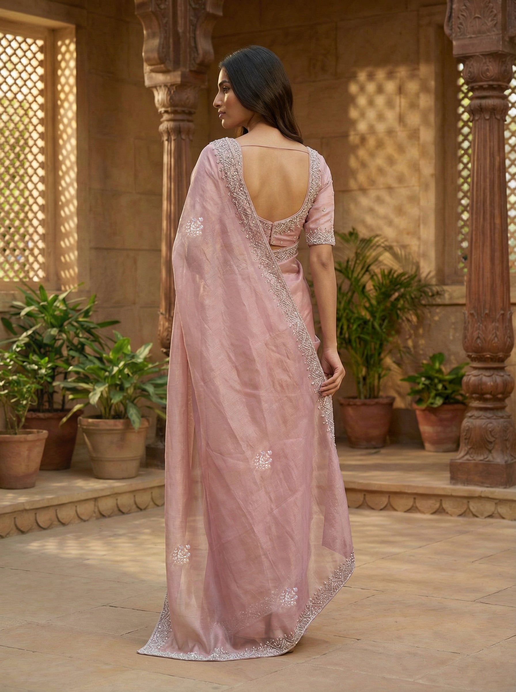 Mauve Pink Organza Designer Saree with Sequin-Pearl Embroidered Floral Buttas & Scalloped Border