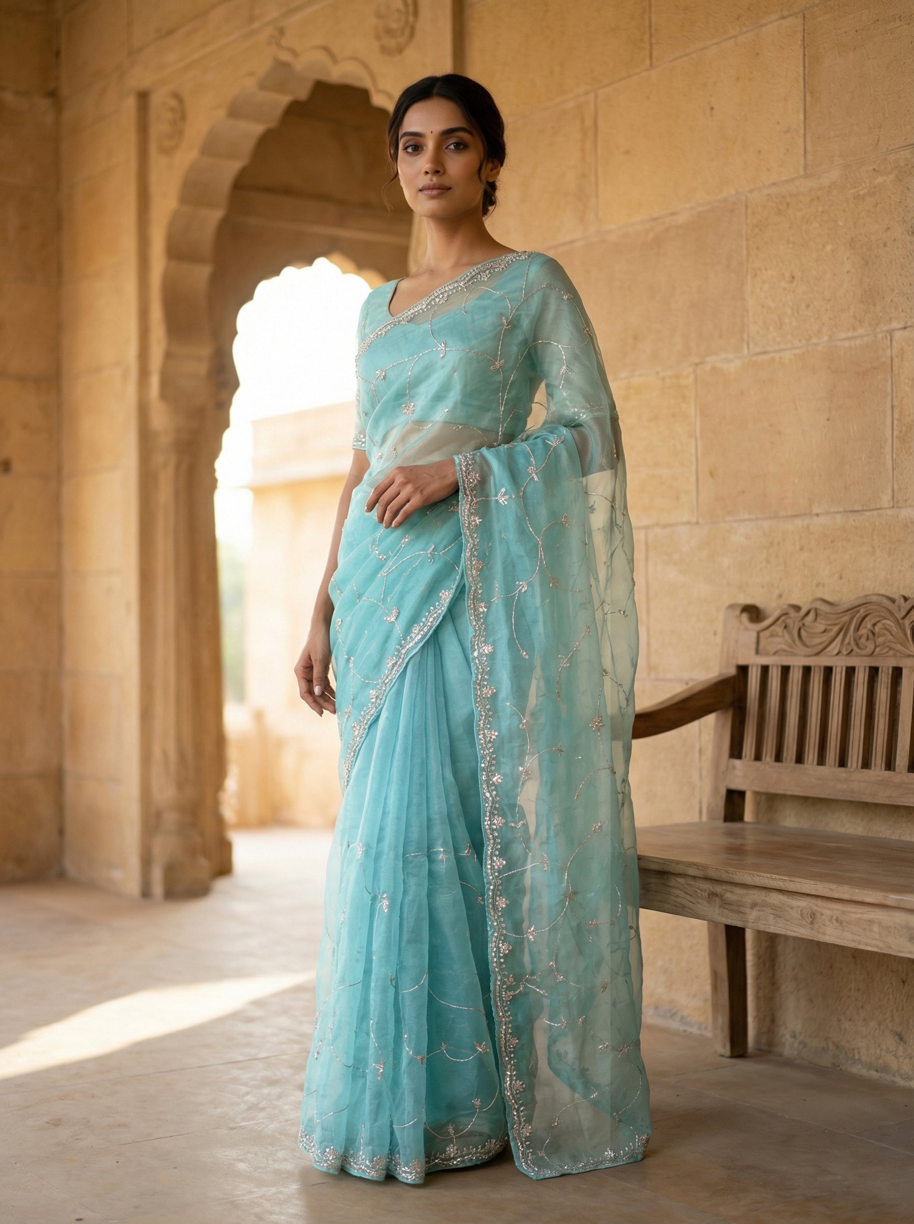 Aqua Blue Net Organza Designer Saree with Floral Vine Sequin Embroidery & Embellished Border
