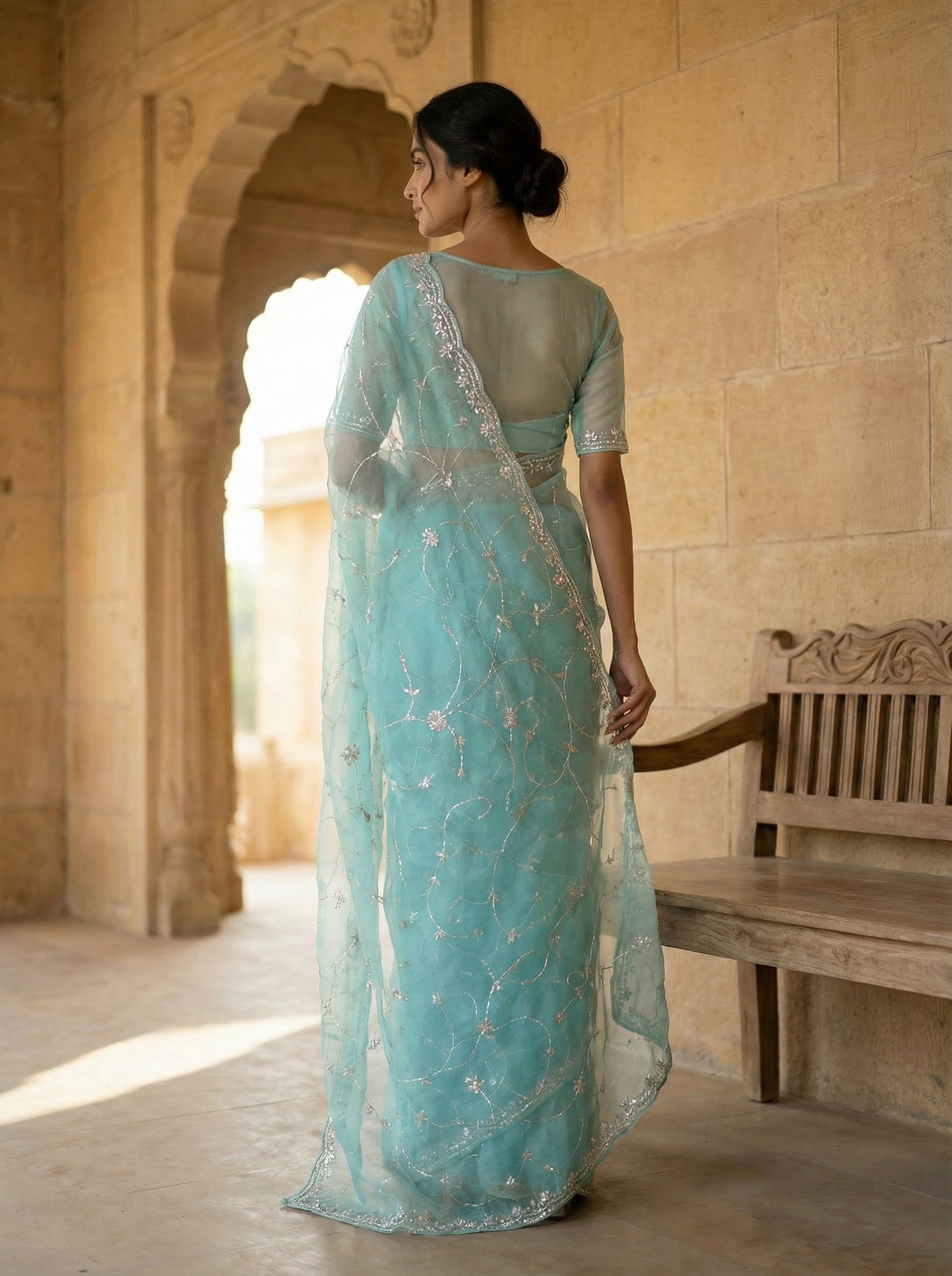Aqua Blue Net Organza Designer Saree with Floral Vine Sequin Embroidery & Embellished Border