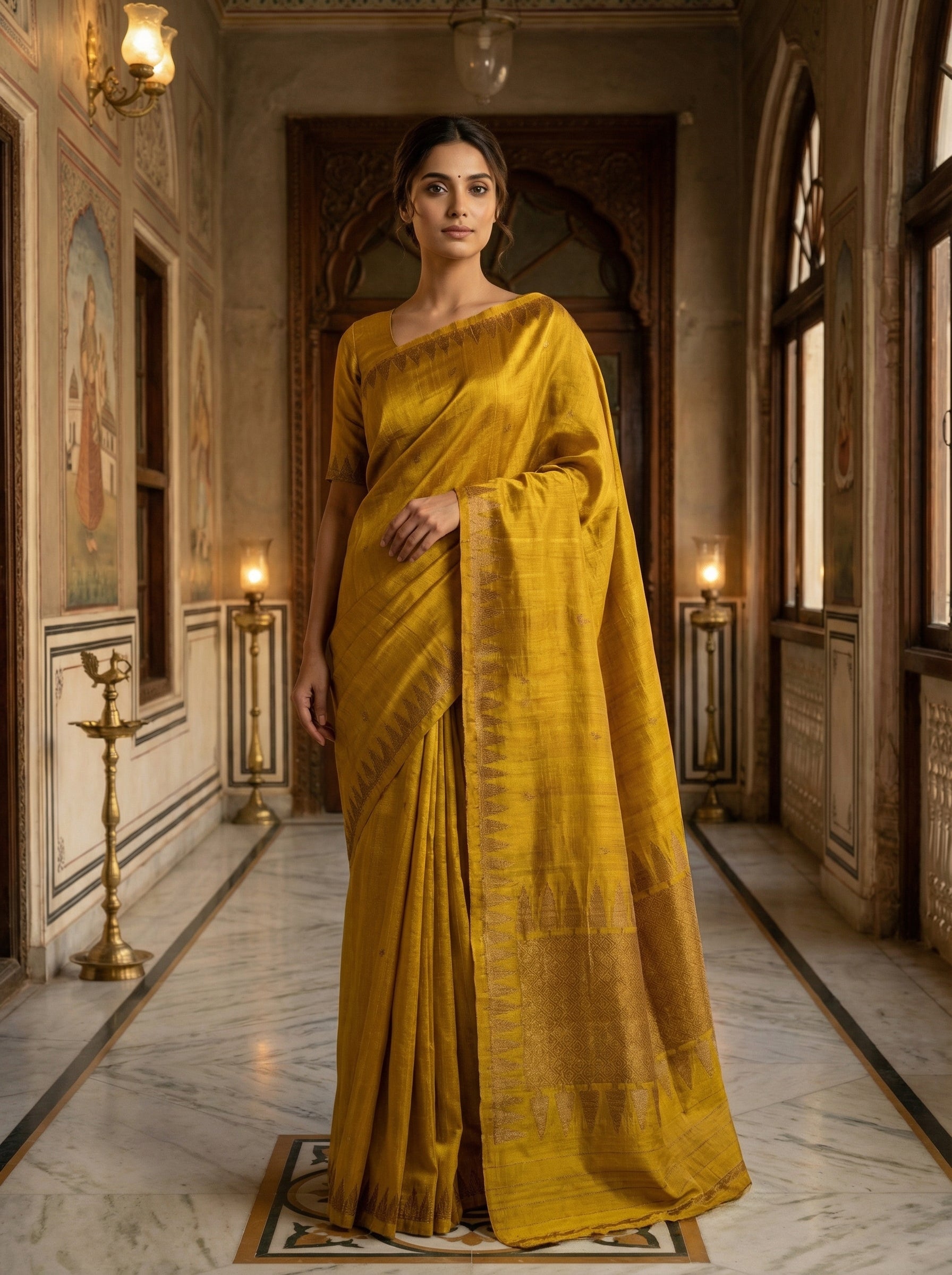 Pure Jute Silk Saree in Saffron Yellow with Leaf Butta & Tree-Designed Border