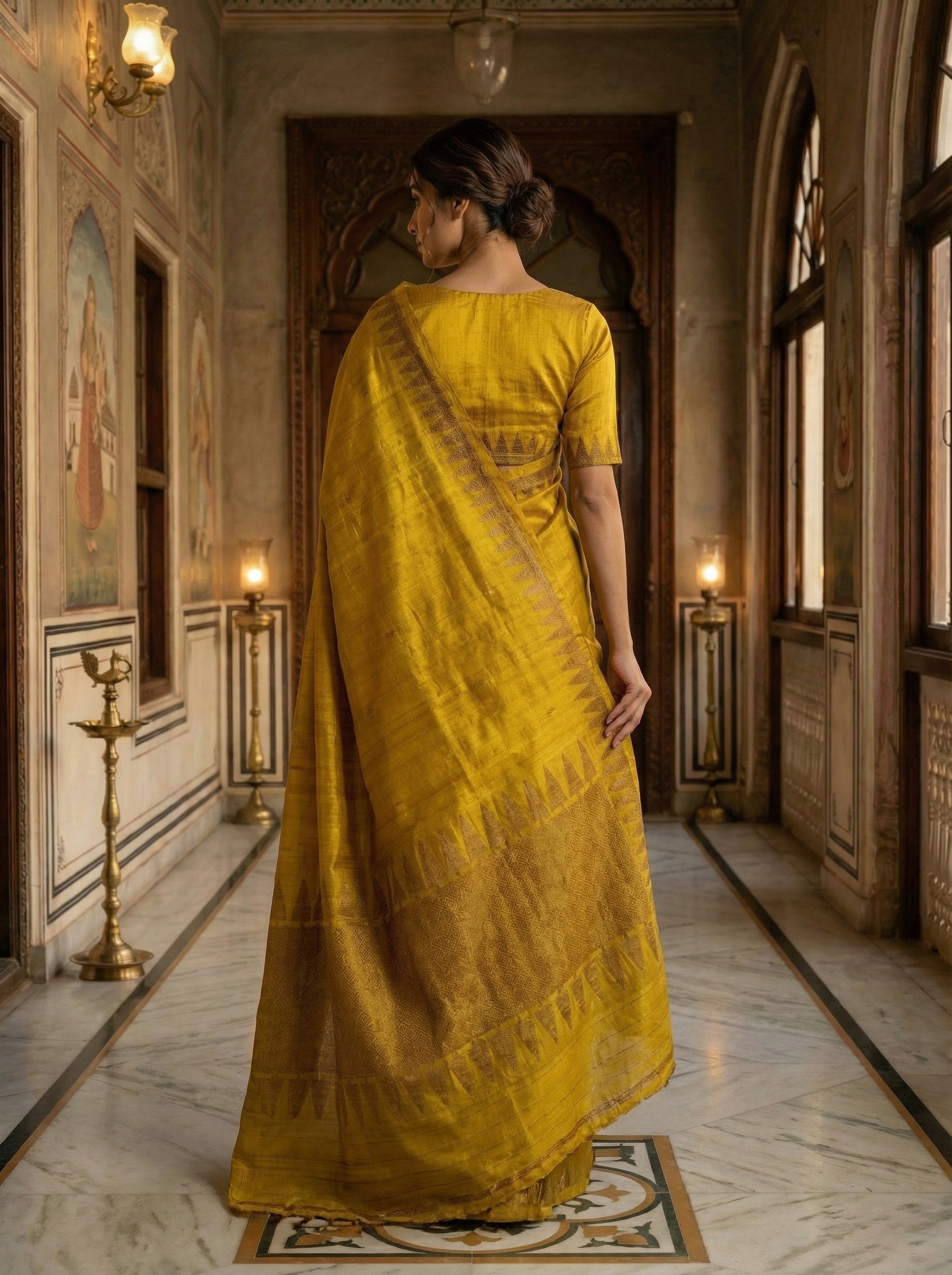 Pure Jute Silk Saree in Saffron Yellow with Leaf Butta & Tree-Designed Border
