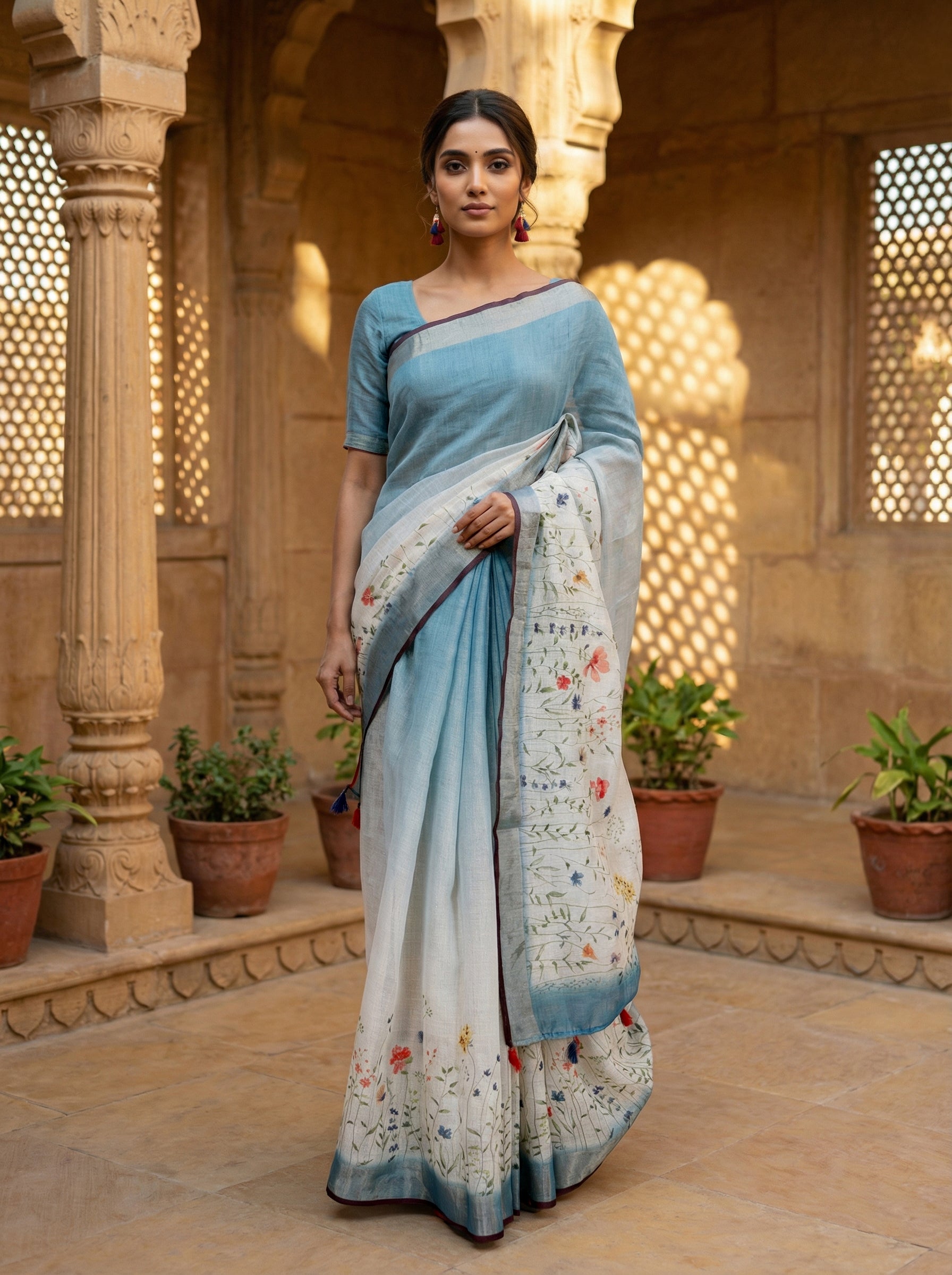 Sky Blue Linen Saree with Multicolor Floral Embroidered Pallu & Contrast Border