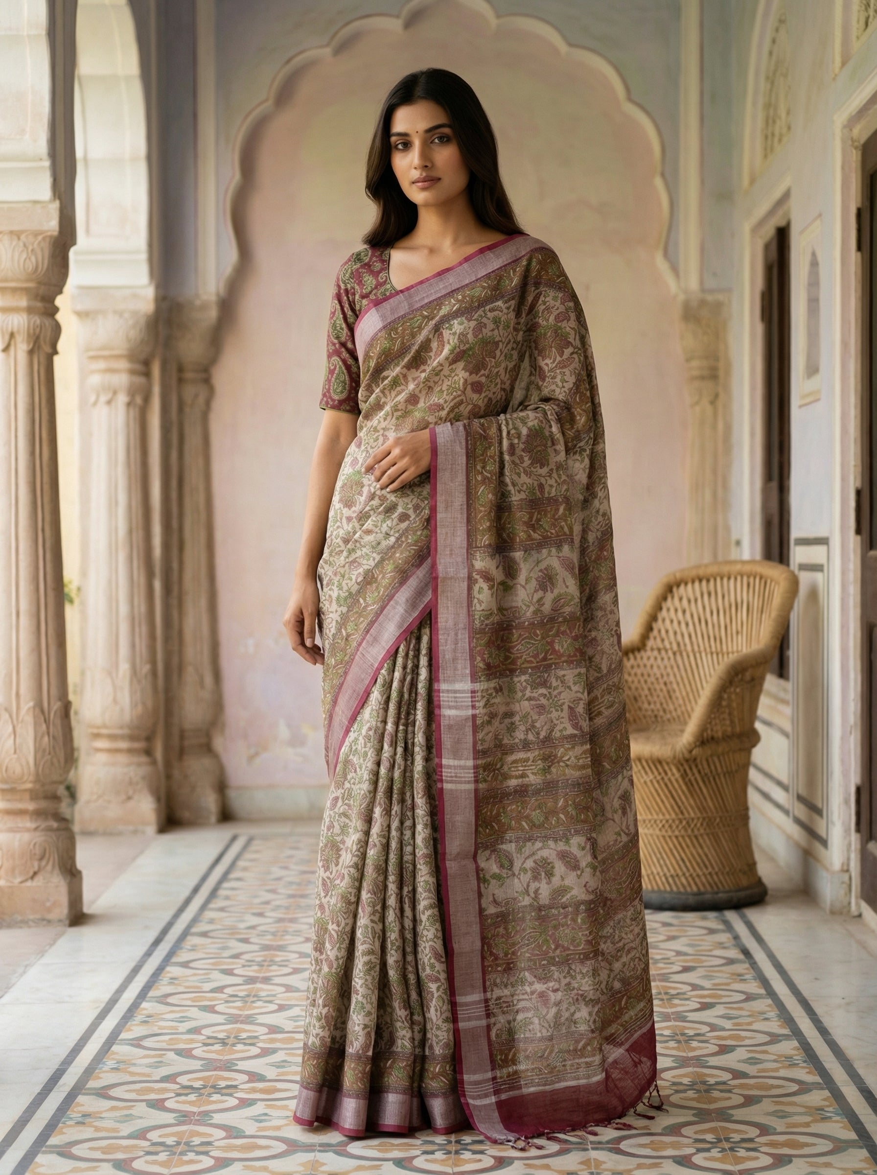 Elegant Semi Tussar Floral Print Saree with Contrast Border & Blouse