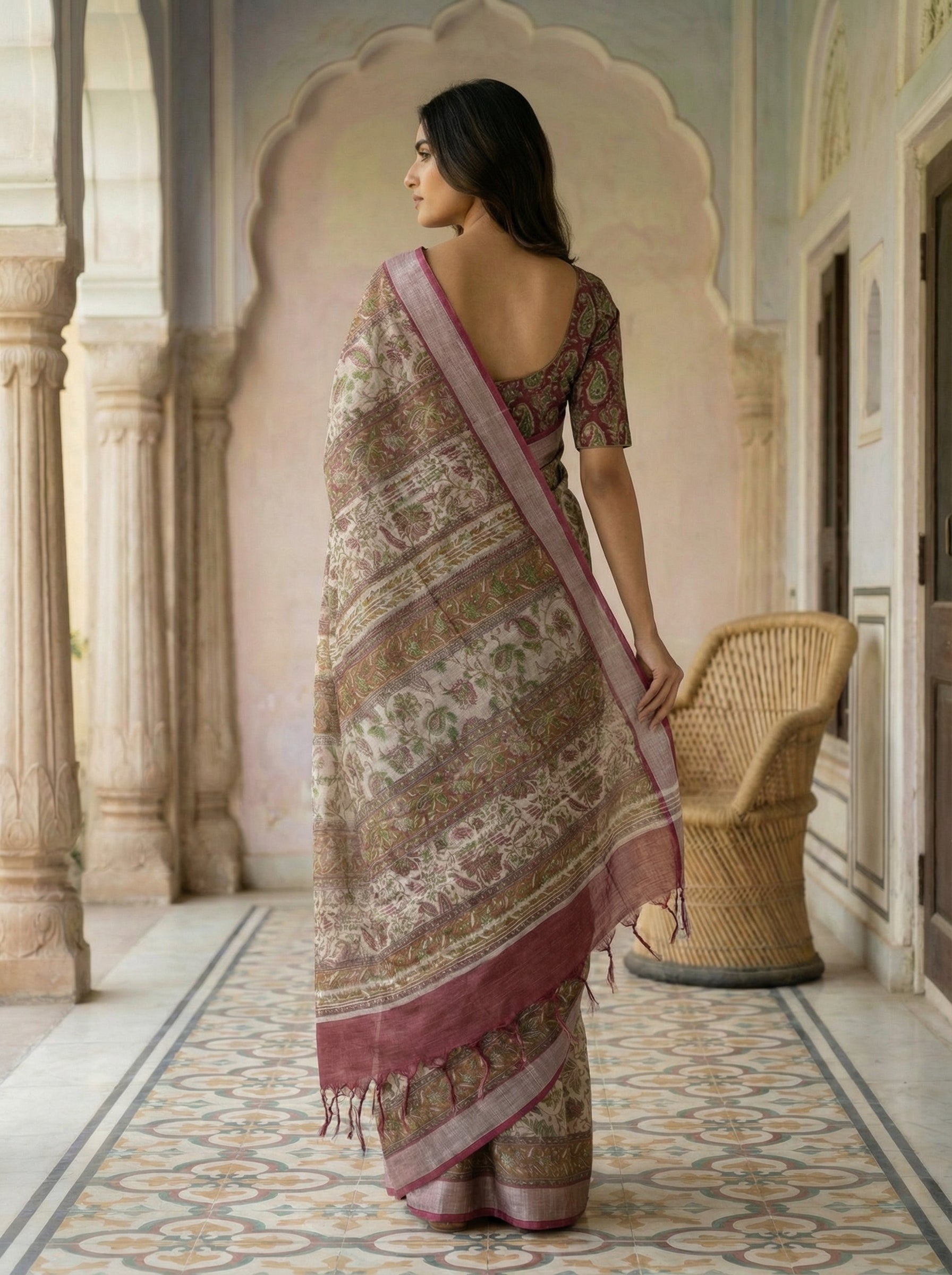 Elegant Semi Tussar Floral Print Saree with Contrast Border & Blouse
