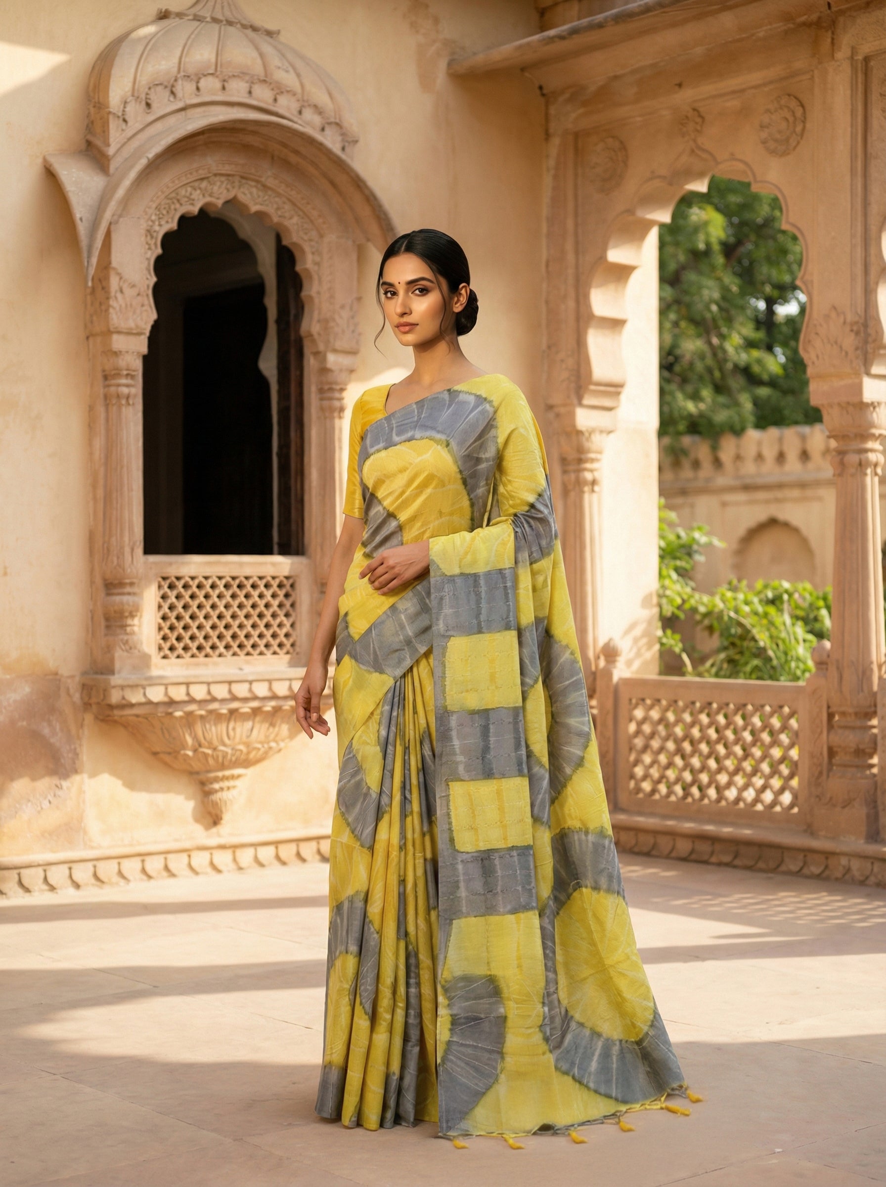 Yellow & Grey Abstract Design Semi Tussar Saree with Artistic Swirl Pattern