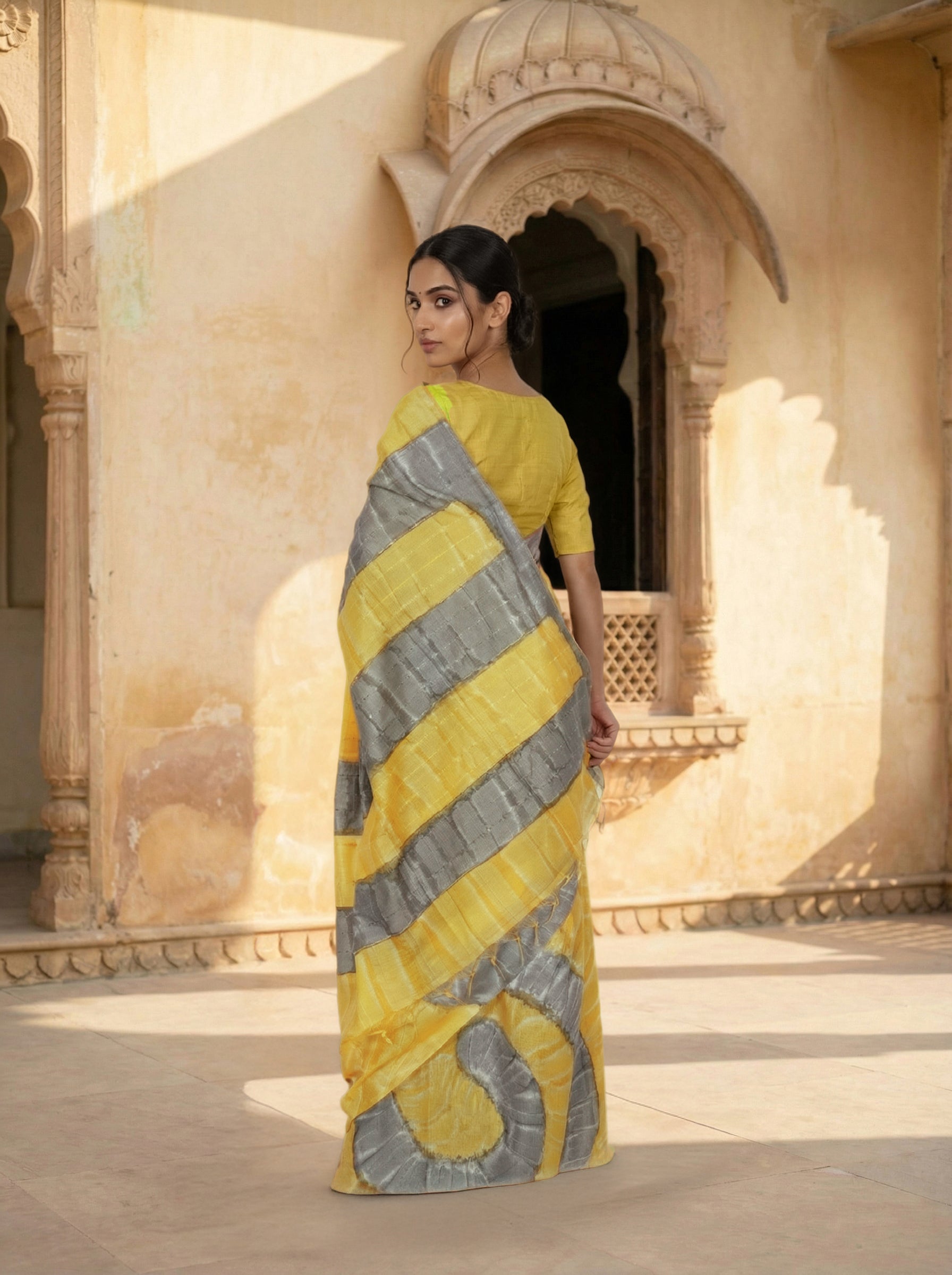 Yellow & Grey Abstract Design Semi Tussar Saree with Artistic Swirl Pattern