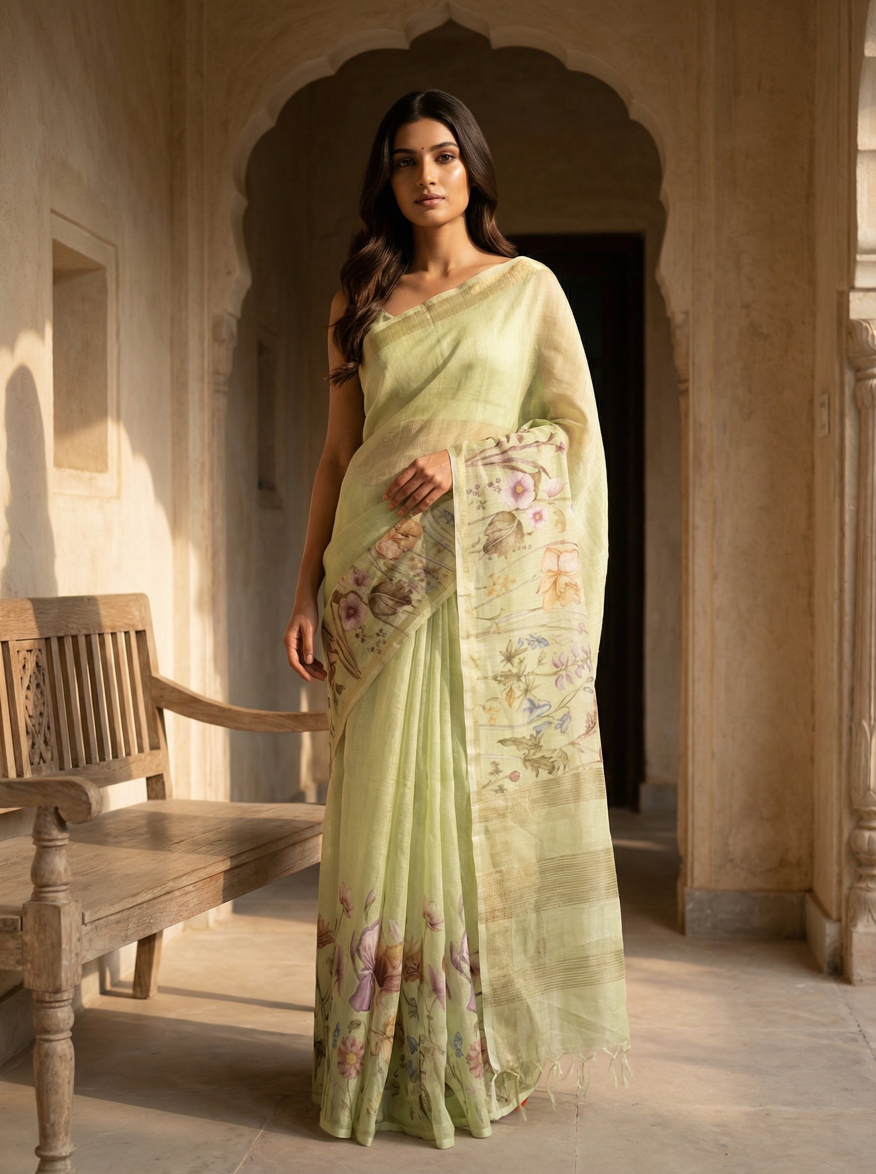 Elegant Light Green Floral Printed Tusser Silk Saree with Subtle Gloss Finish