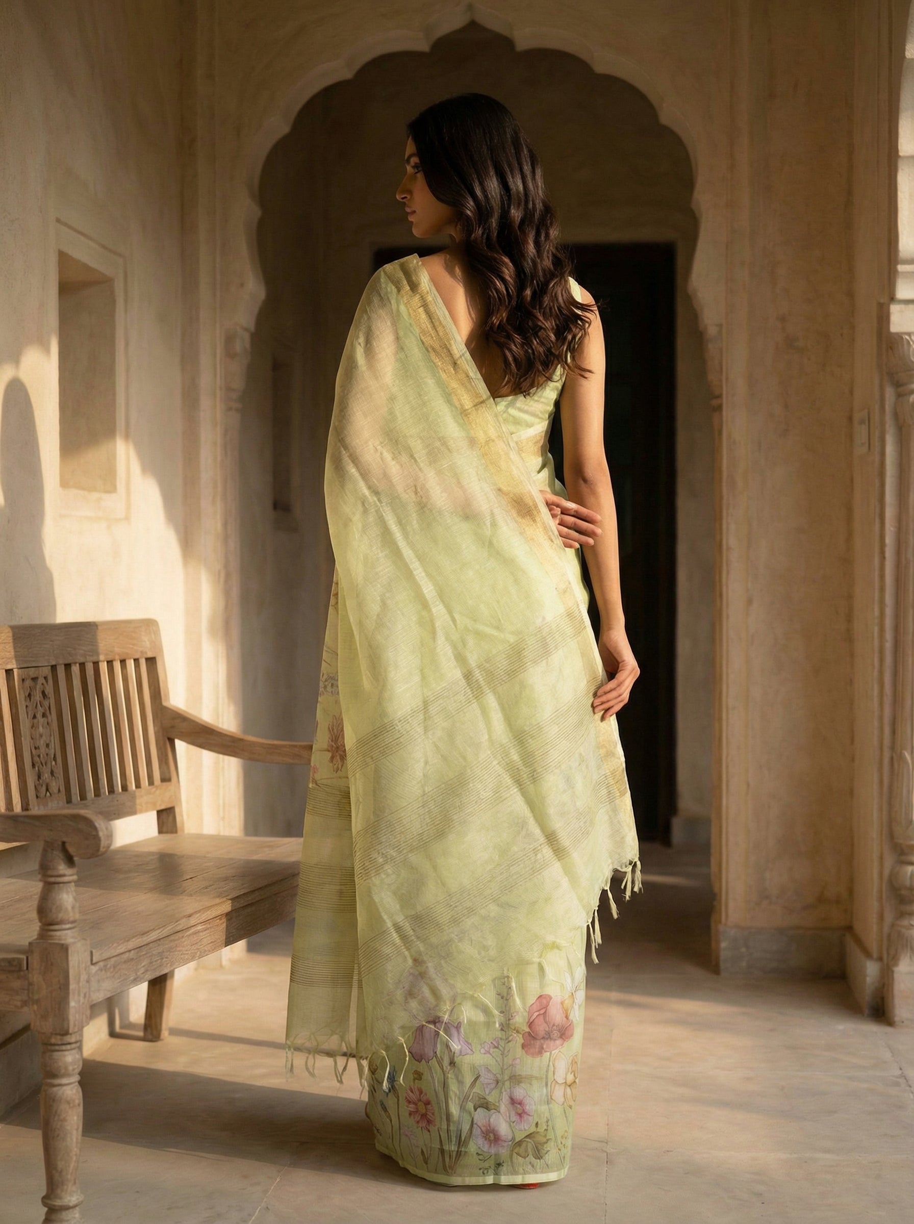 Elegant Light Green Floral Printed Tusser Silk Saree with Subtle Gloss Finish