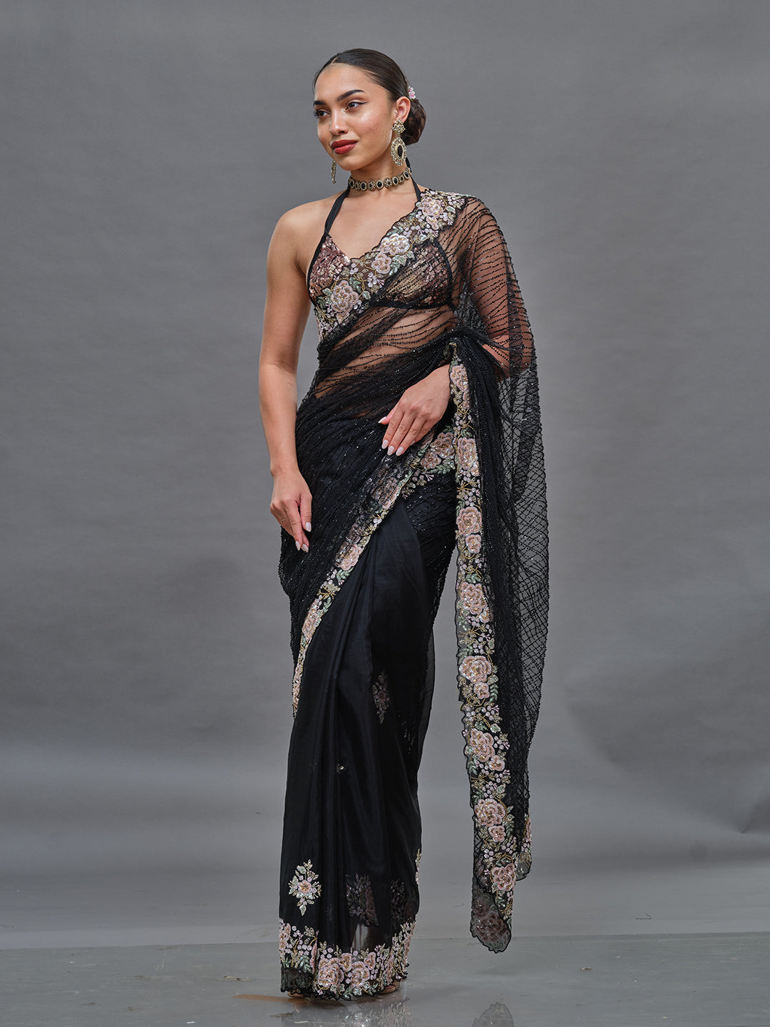 Black Colour Saree With Self Bead Worked Saree
