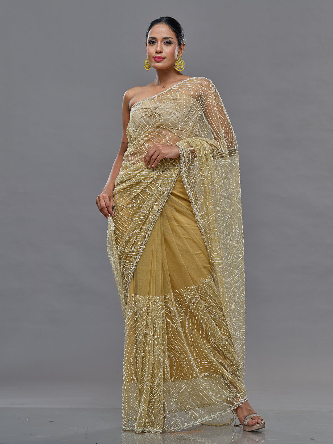 Full Of Beads & Pearl Leaf Designed Handwork Saree