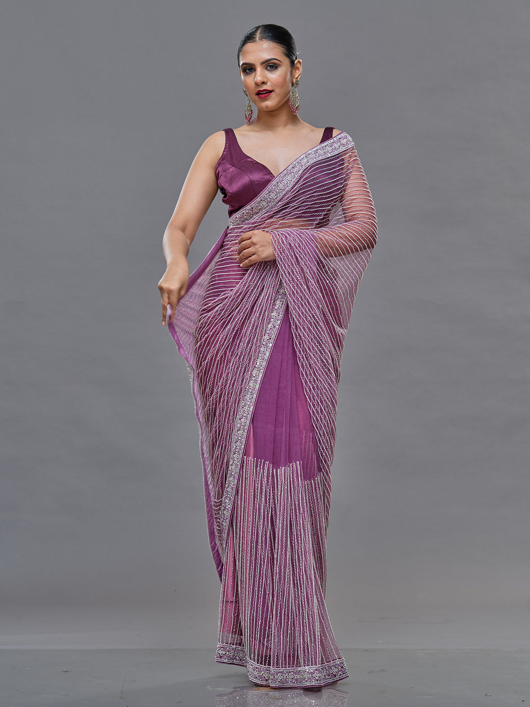 Dark Lavender Net Saree With Self-Sequence &  Silver Beads