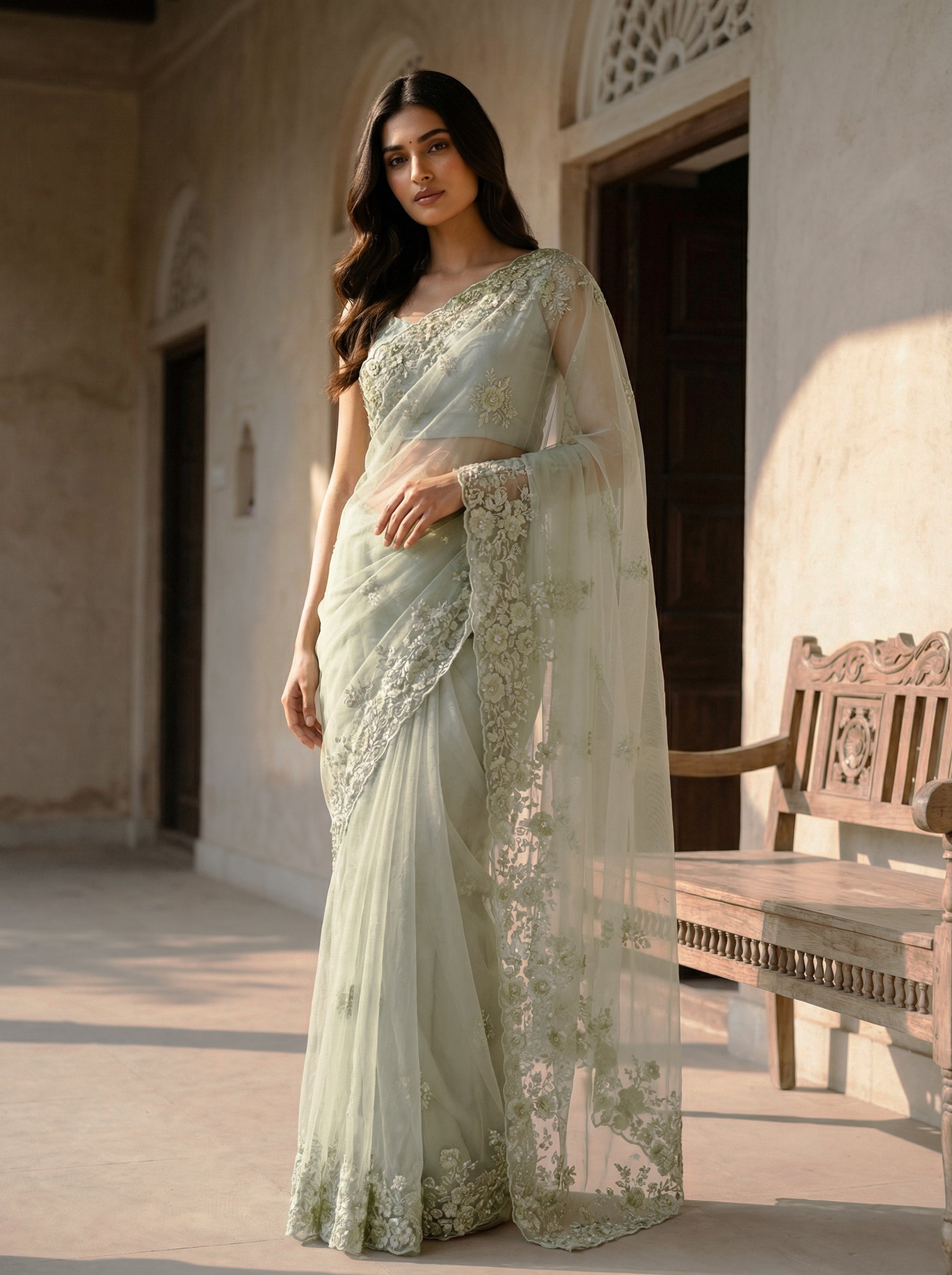 Pastel Green Premium Designer Net Saree with 3D Floral Embroidery & Sequins Work