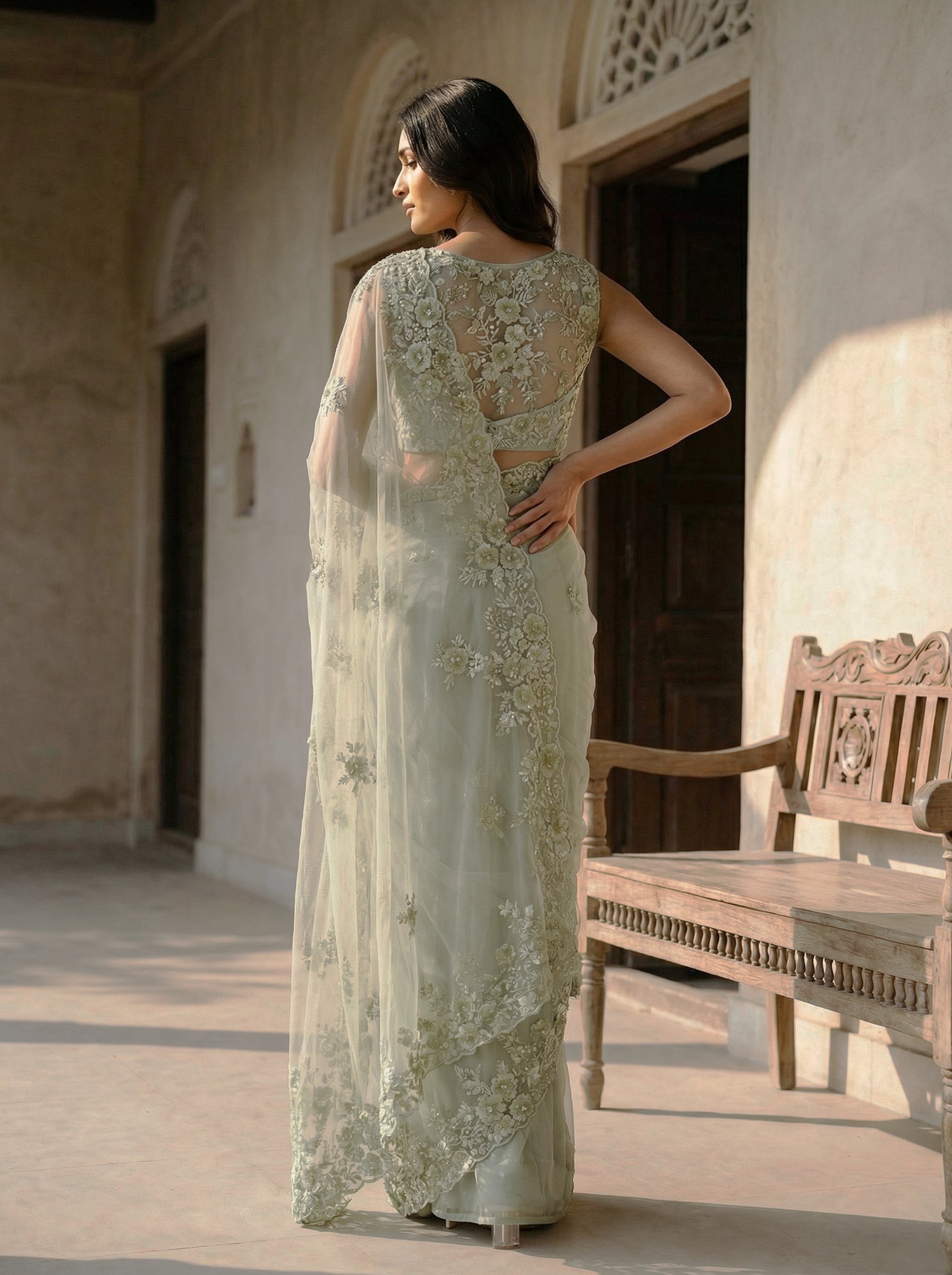 Pastel Green Premium Designer Net Saree with 3D Floral Embroidery & Sequins Work