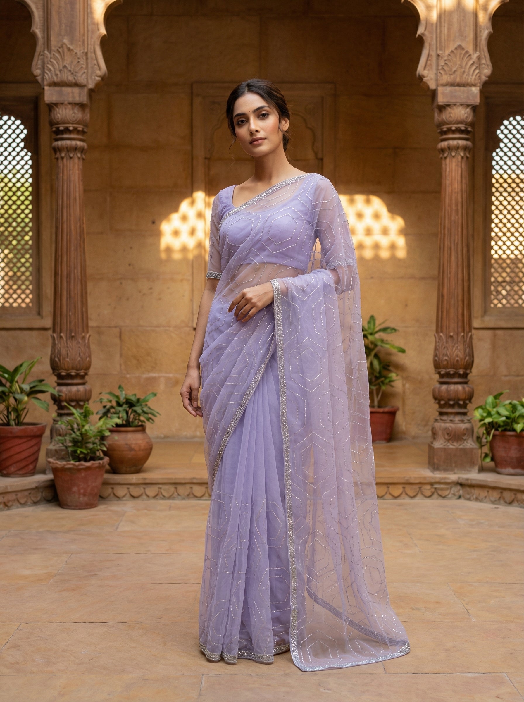 Lavender Ethnic Wear Sequin Work Net Saree
