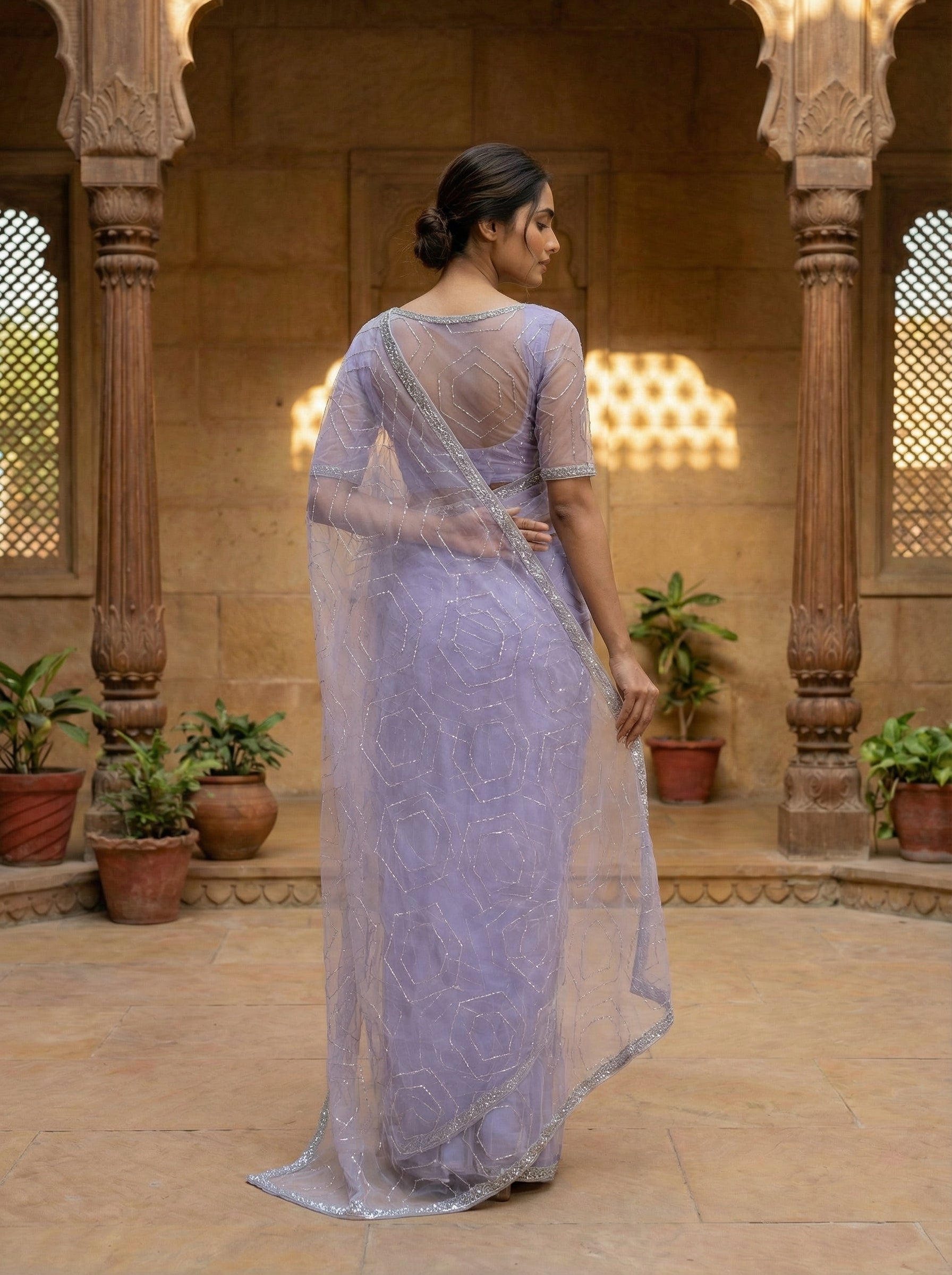 Lavender Ethnic Wear Sequin Work Net Saree