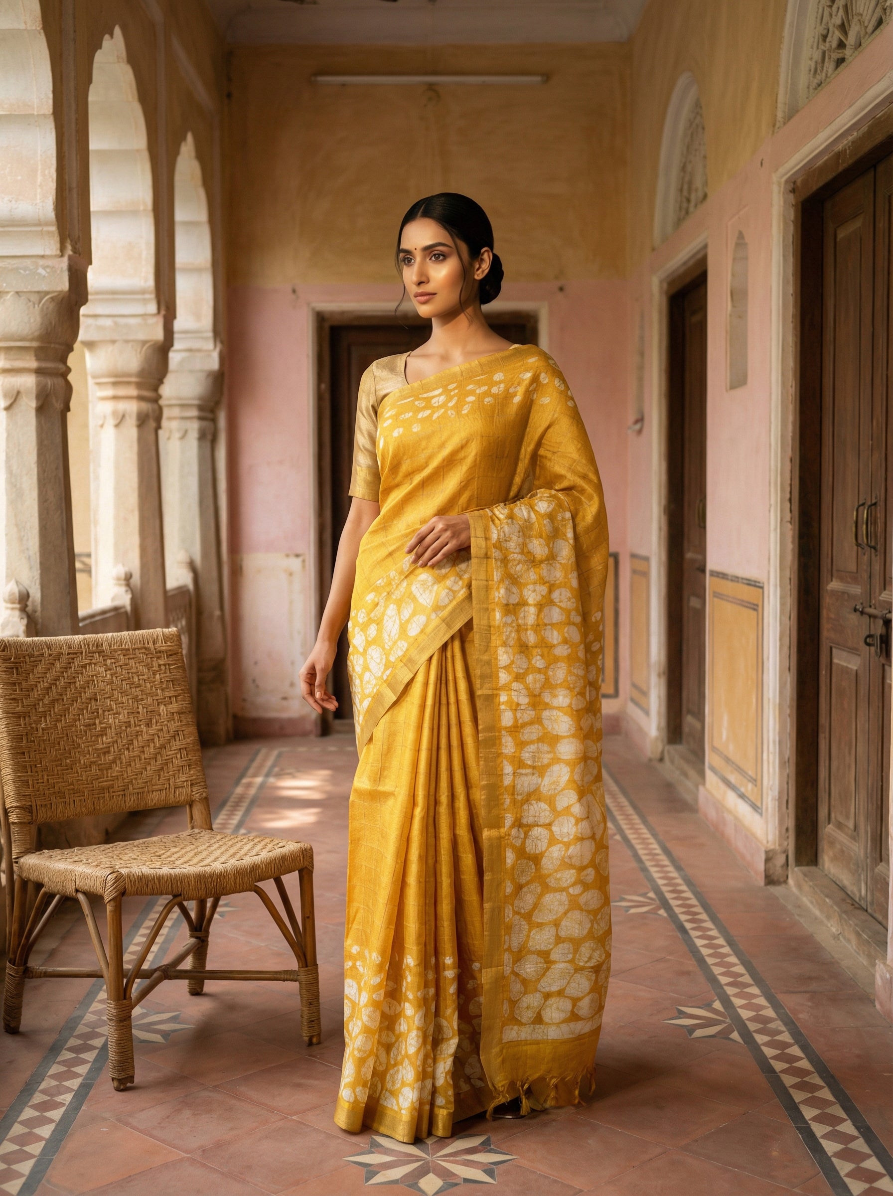 Pure Tusser Silk Yellow Saree with Checked Pattern & Bavanji Border