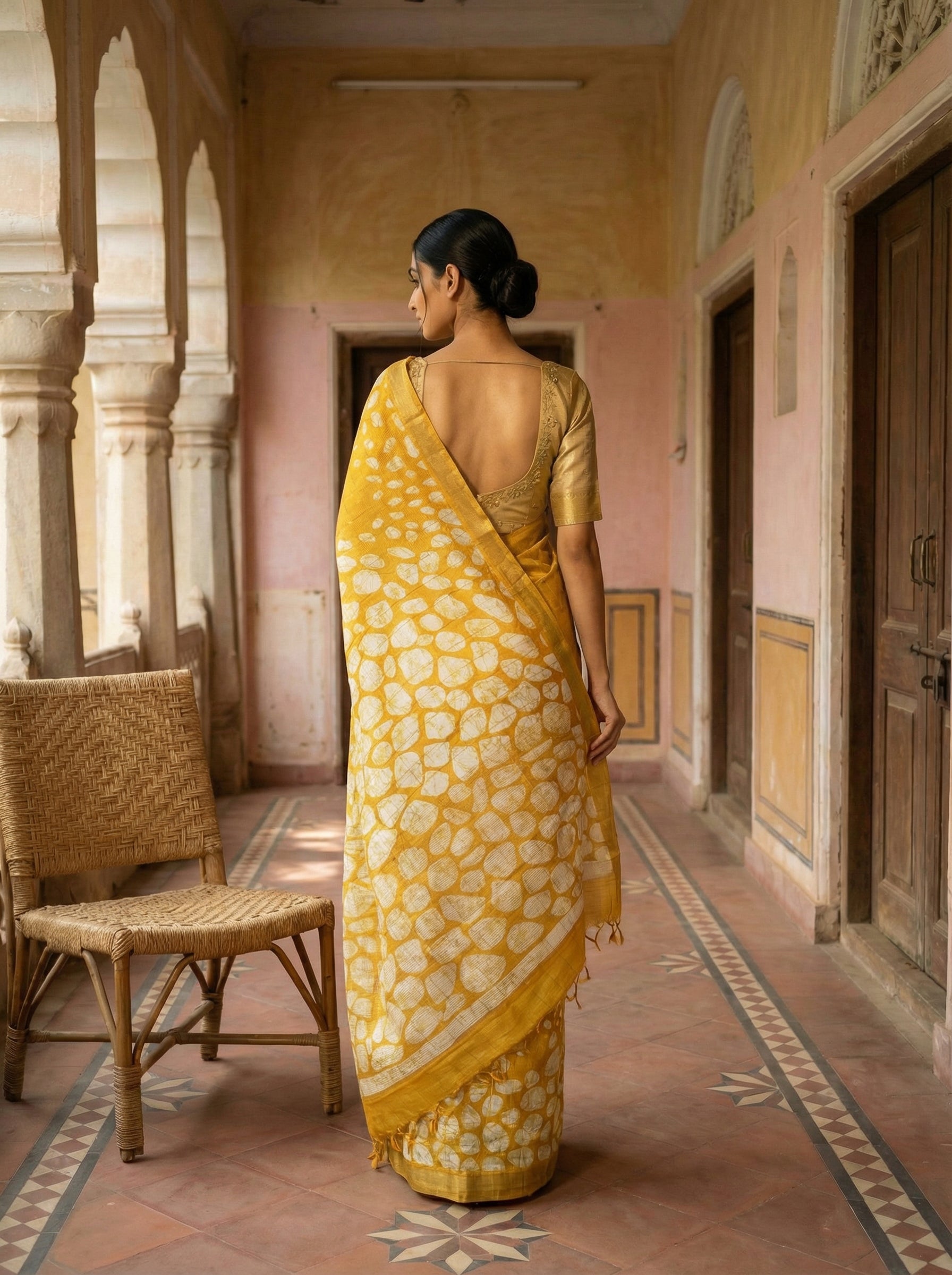 Pure Tusser Silk Yellow Saree with Checked Pattern & Bavanji Border
